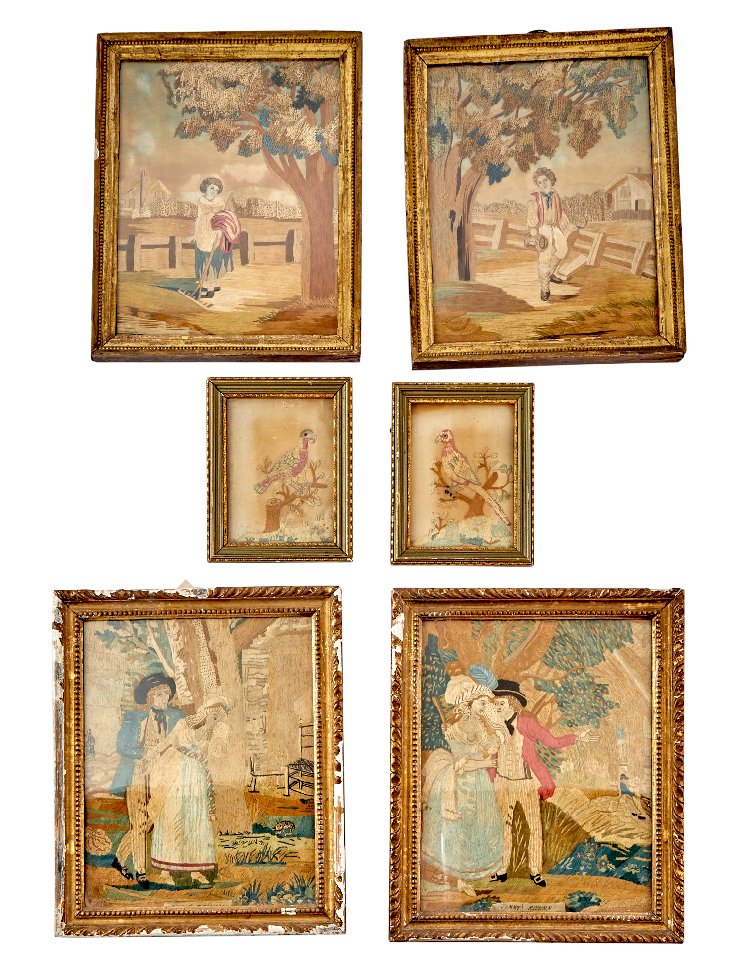 Lot image - Three Pairs of English Silk Needlework Pictures