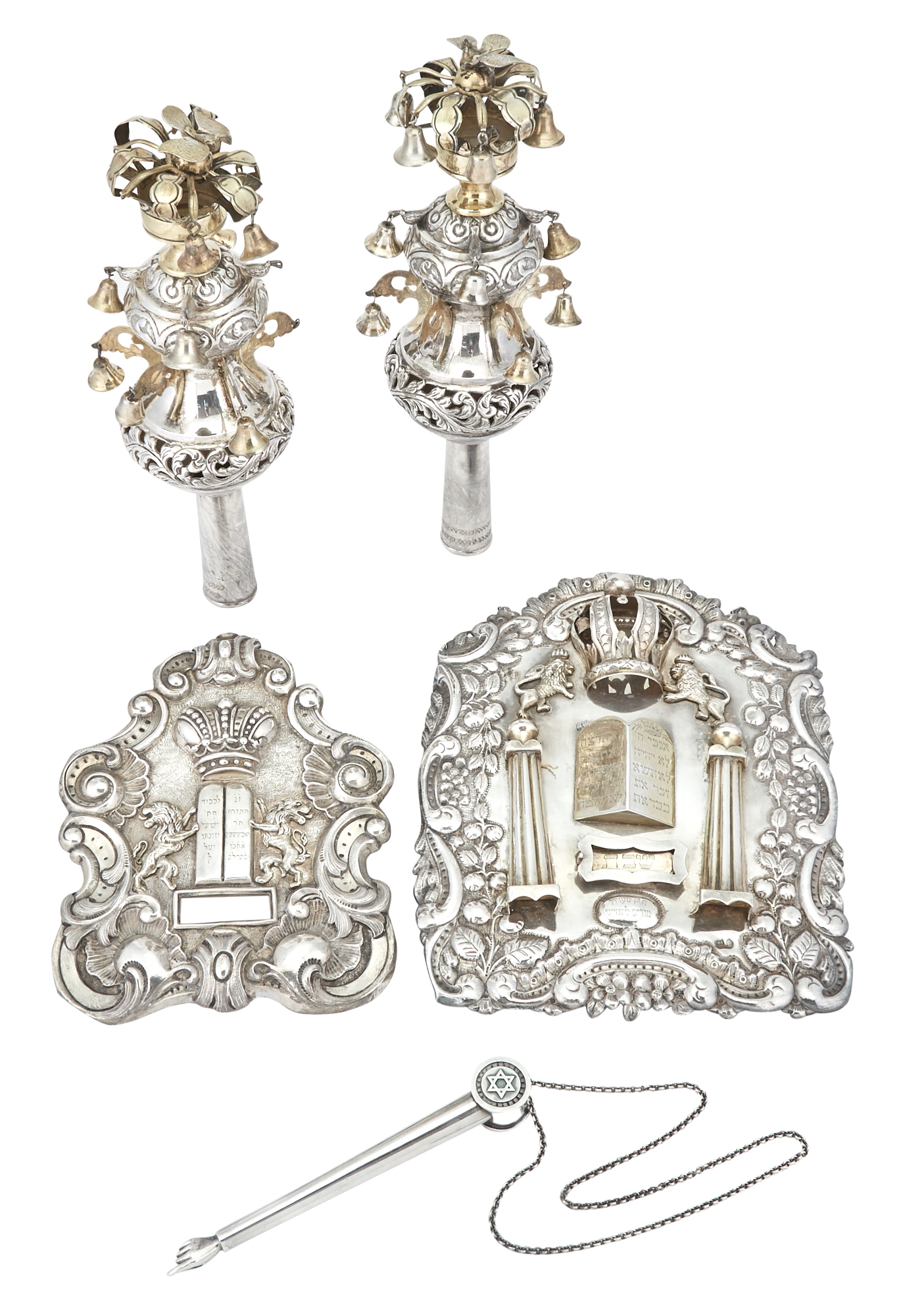 Lot image - Two Continental Silver Torah Shields, a Silver Plated Torah Pointer, and a Pair of Silver Plated Torah Finials