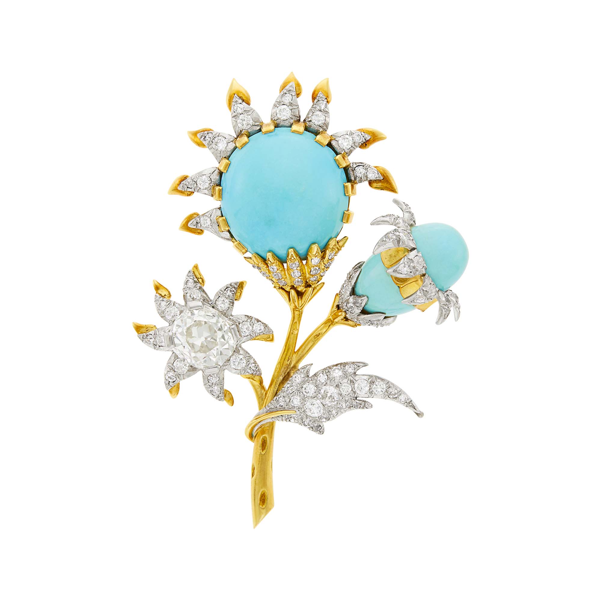 Lot image - Schlumberger Monture Gold, Platinum, Turquoise and Diamond Flower Brooch, France
