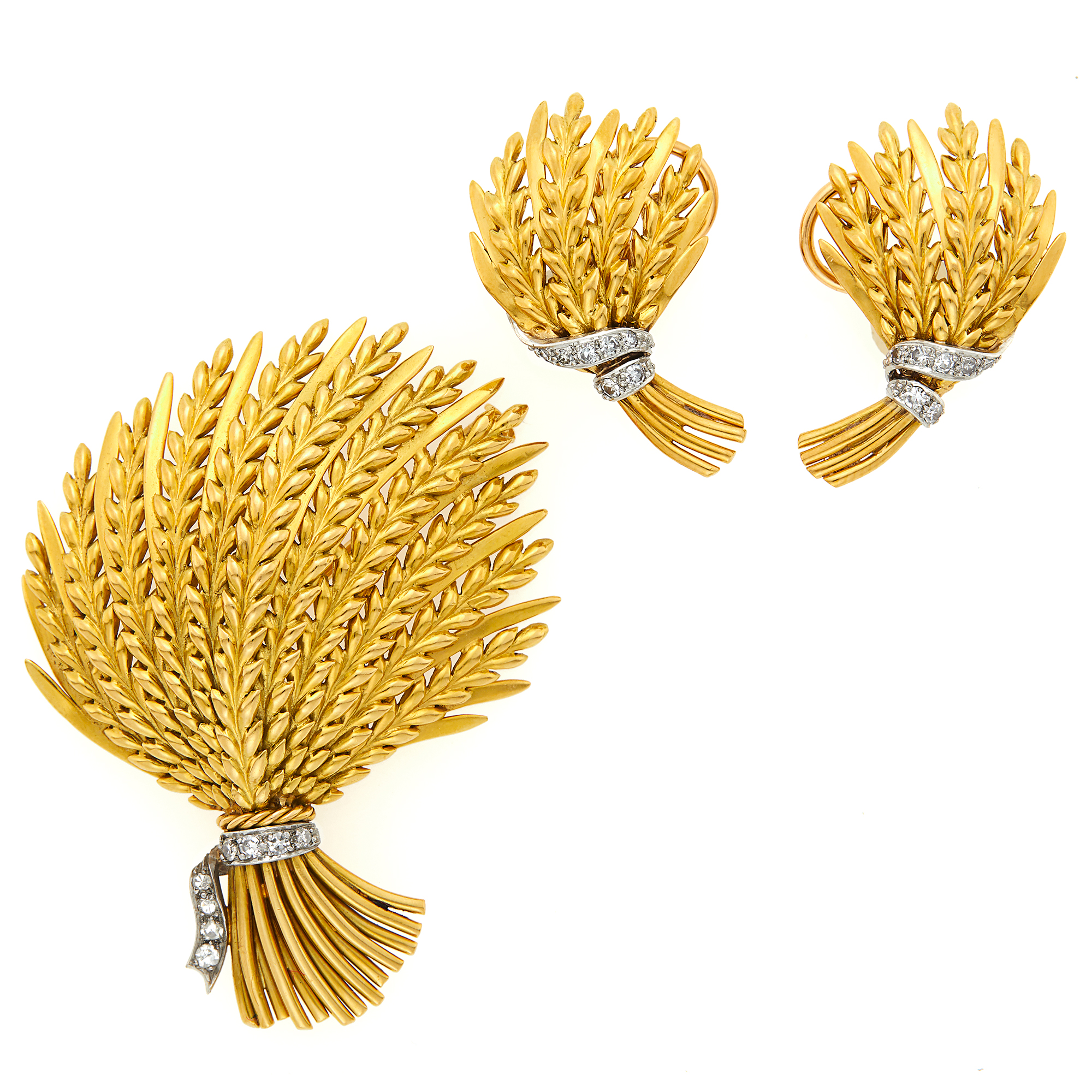 Lot image - Gold, Platinum and Diamond Wheat Sheaf Brooch and Pair of Earclips