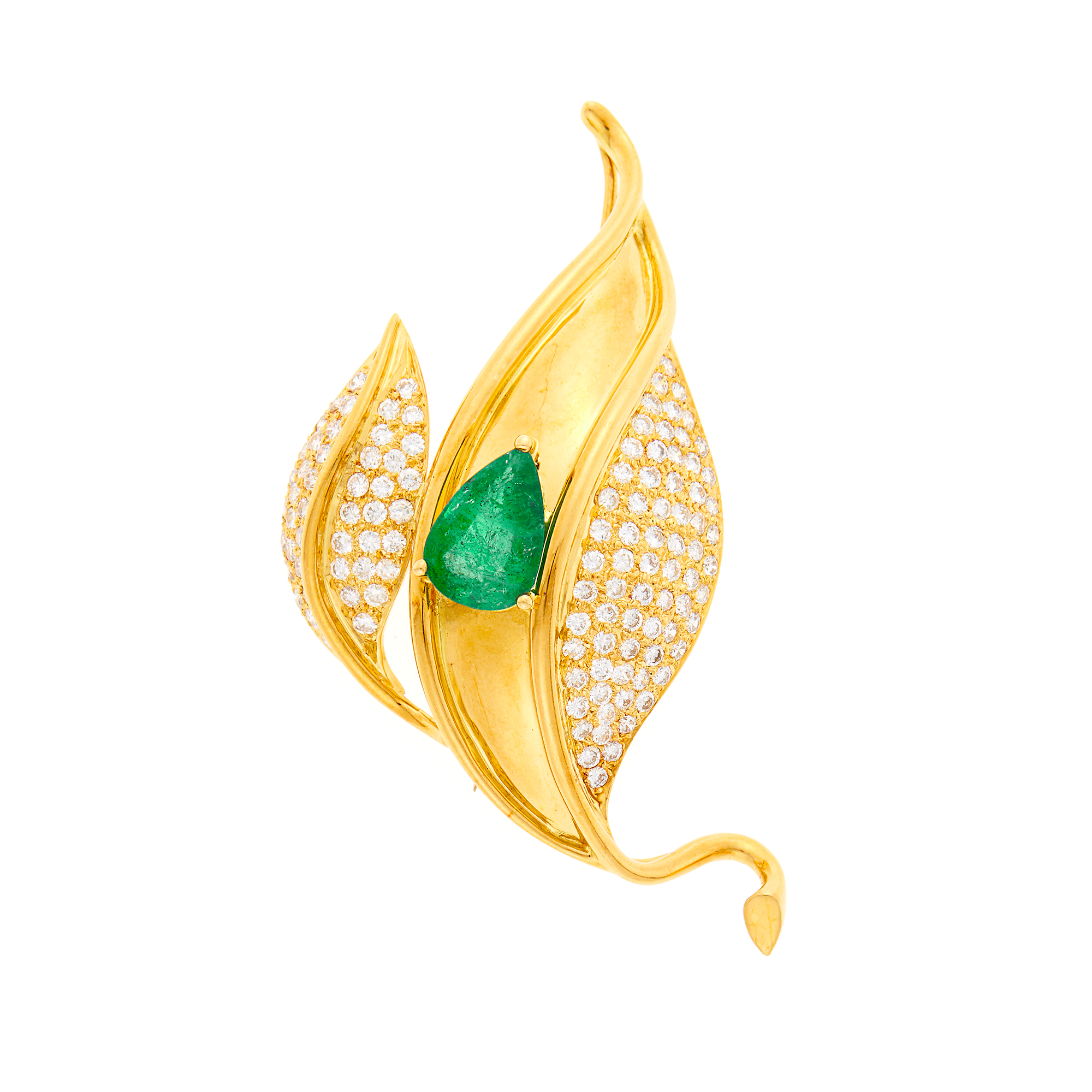 Lot image - Gold, Emerald and Diamond Leaf Pendant-Brooch