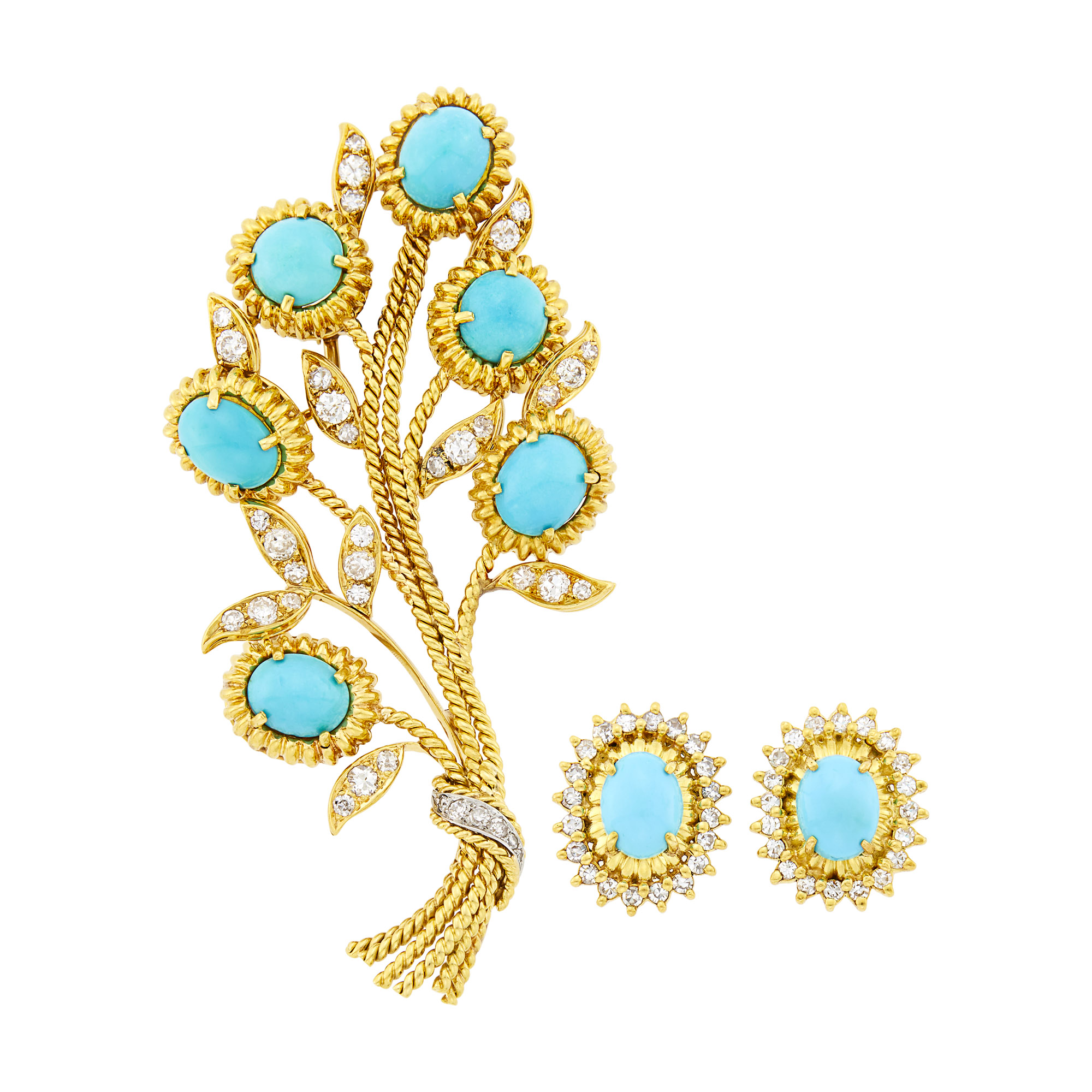 Lot image - Gold, Turquoise and Diamond Pendant Clip-Brooch and Pair of Earrings