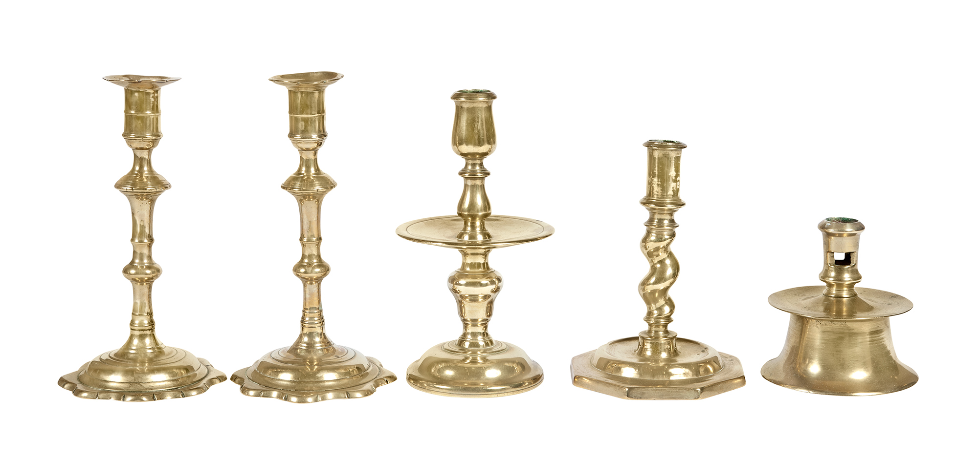 Lot image - Three Continental Brass Candlesticks