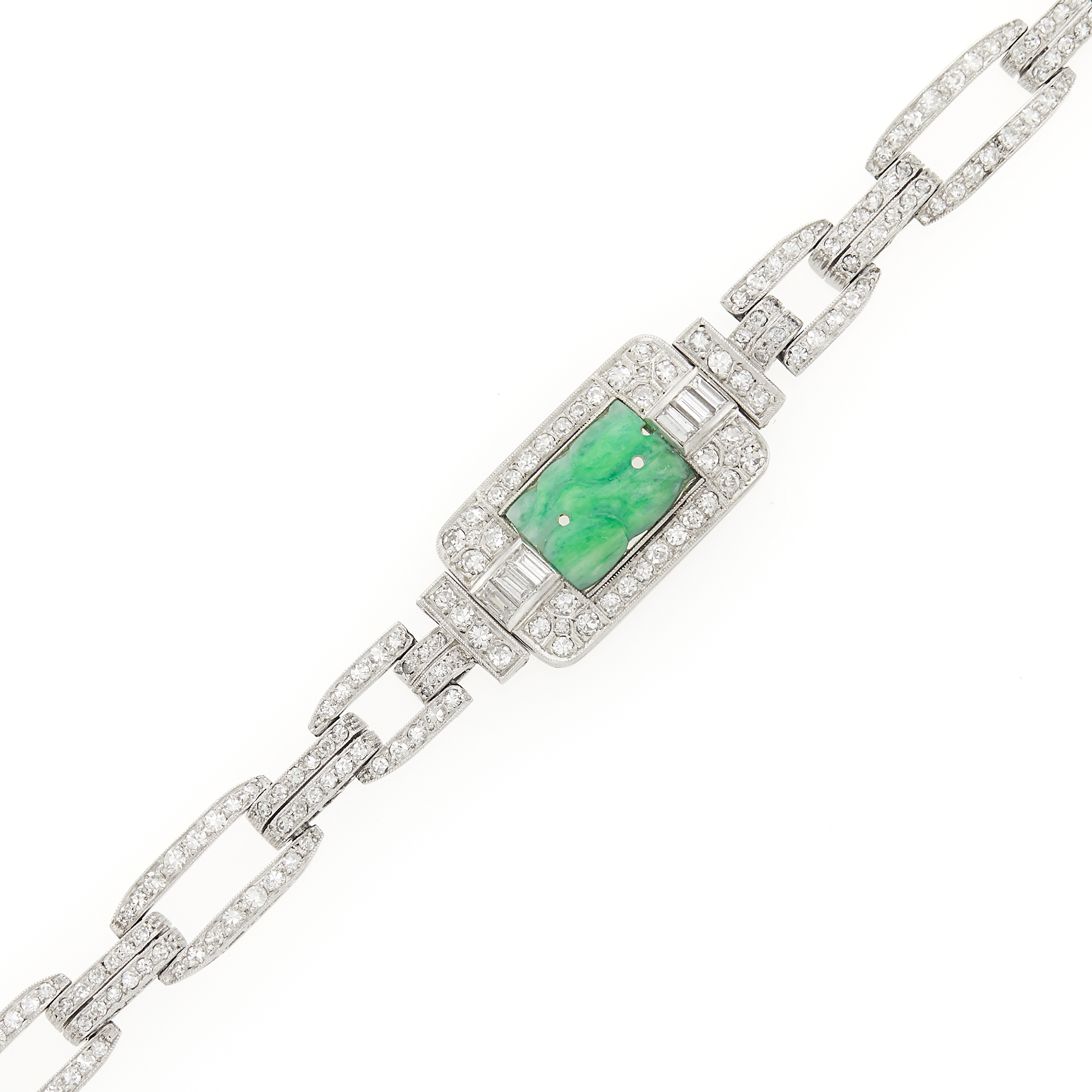 Lot image - Platinum, Carved Jade and Diamond Bracelet