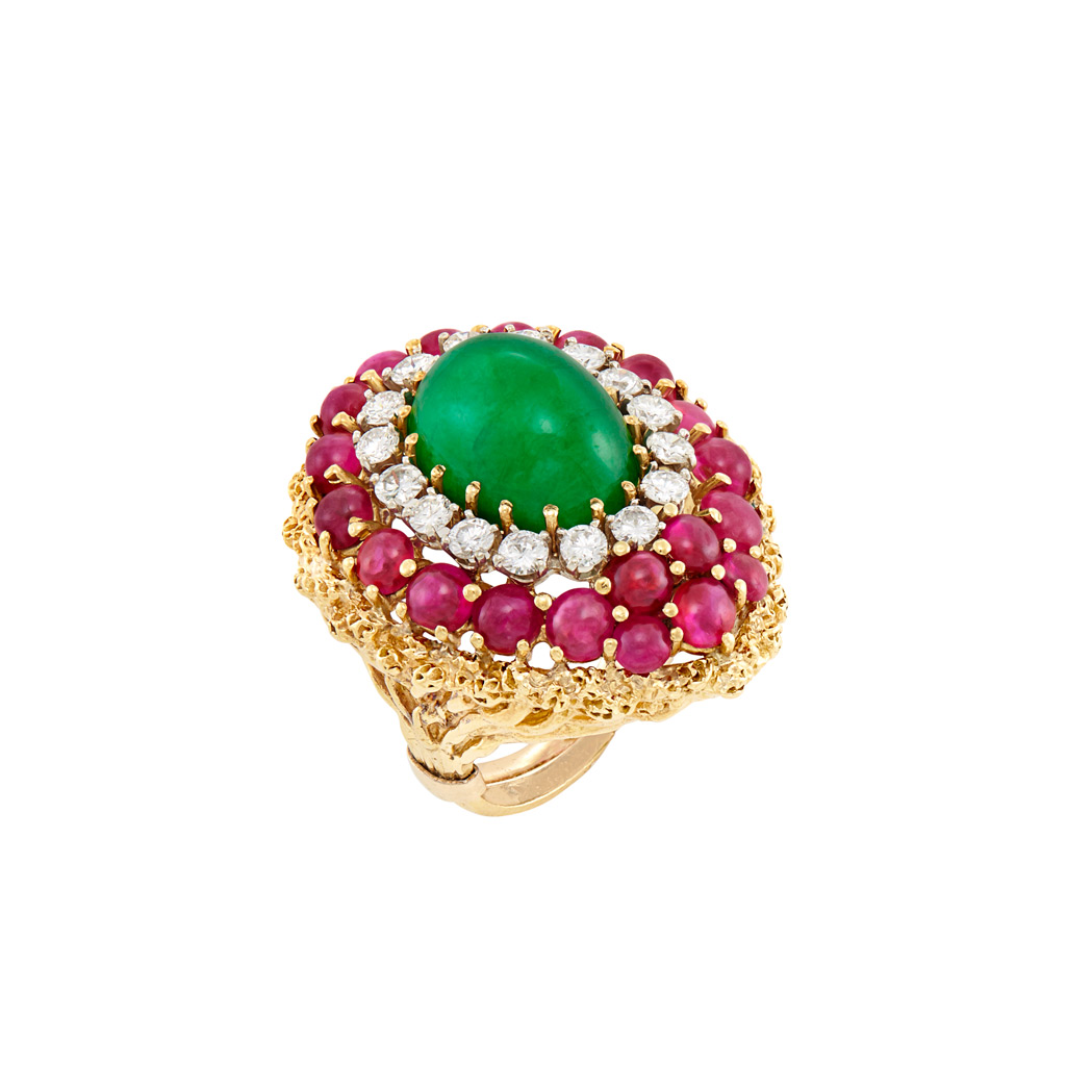 Lot image - Gold, Cabochon Emerald, Ruby and Diamond Ring