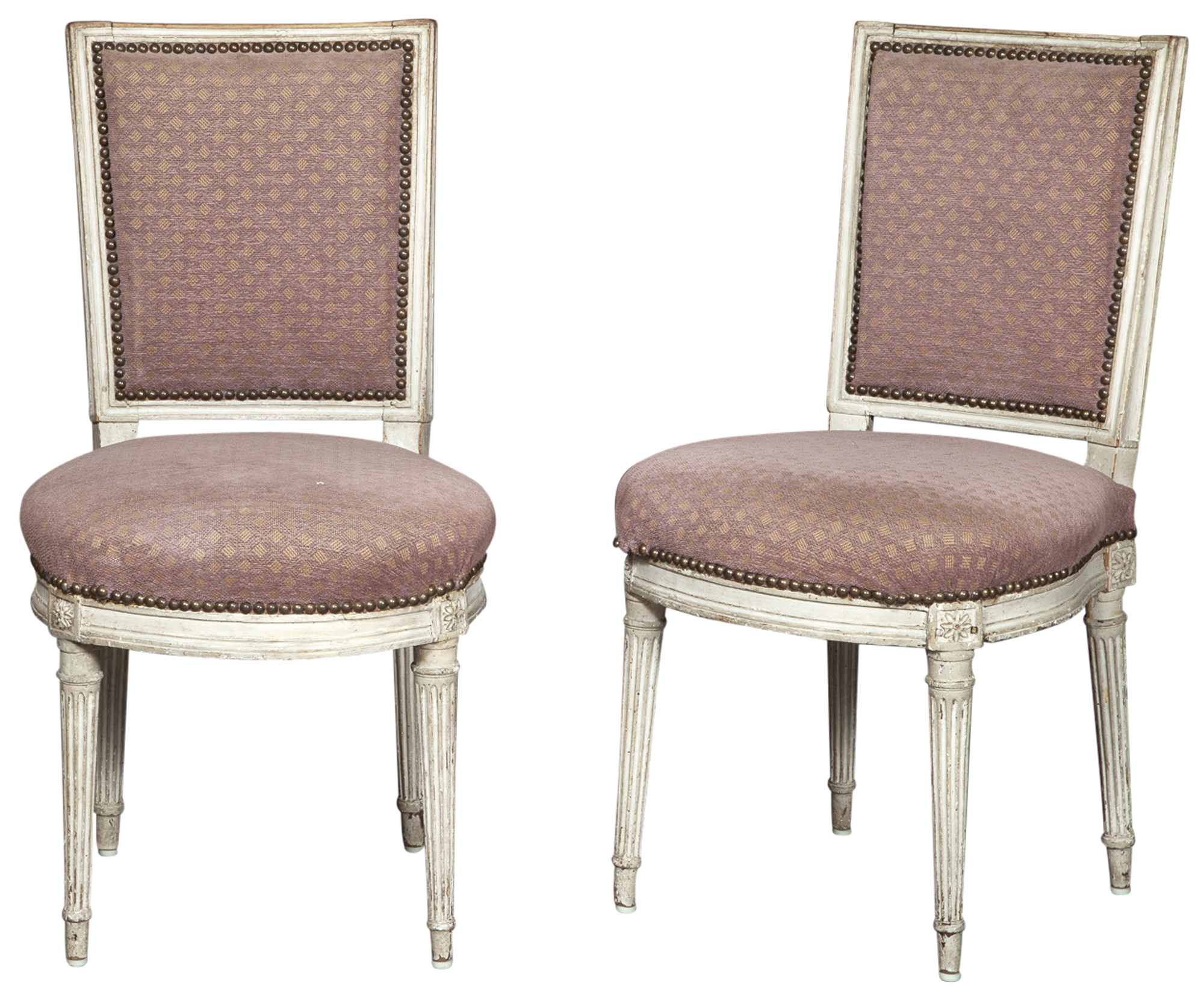 Lot image - Pair of Louis XVI Upholstered Painted Wood Side Chairs