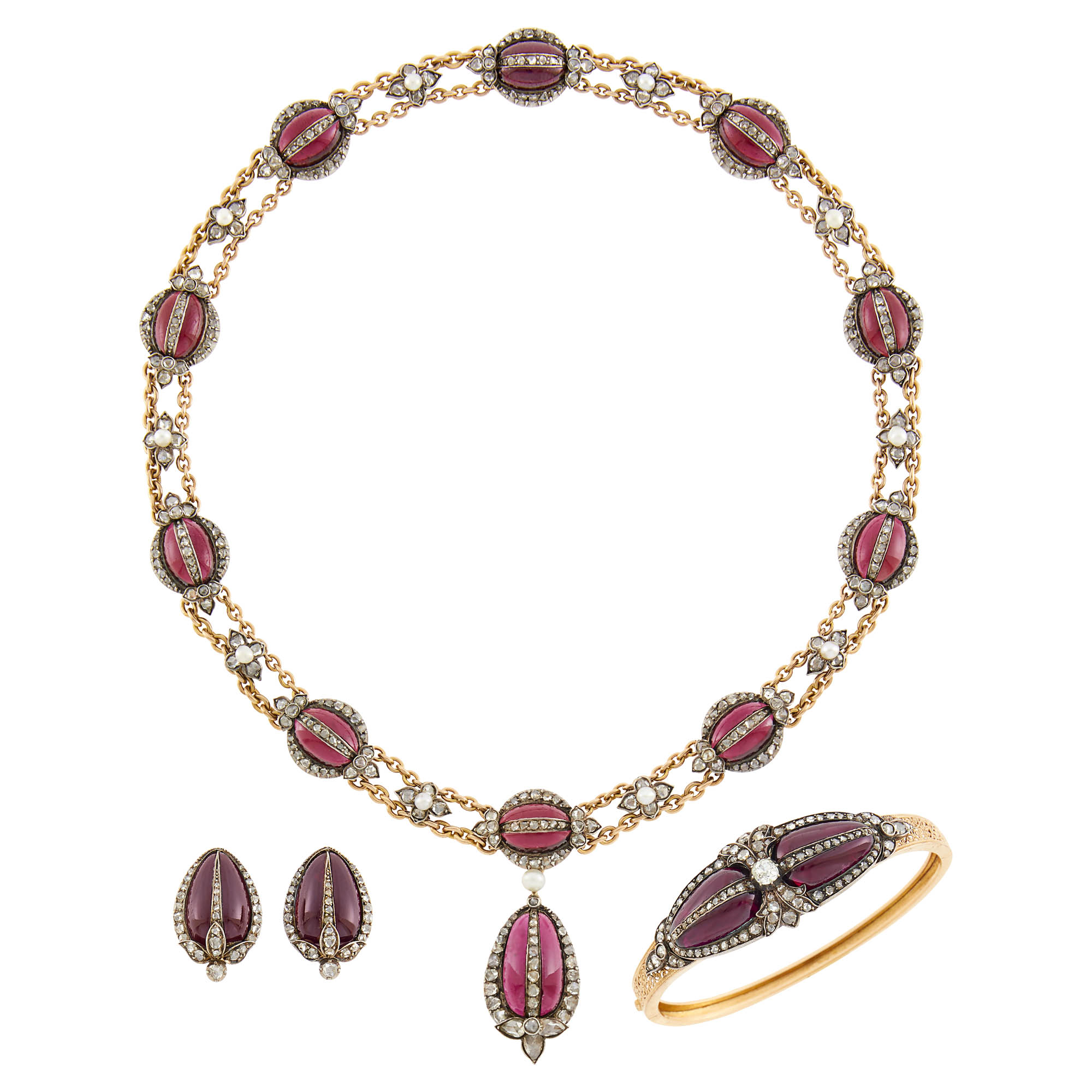Lot image - Antique Silver, Gold, Cabochon Garnet, Diamond and Seed Pearl Demi-Parure