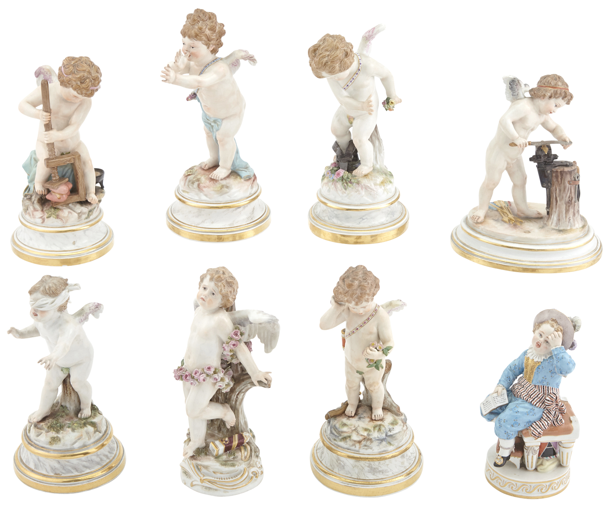 Lot image - Group of Eight Meissen Porcelain Figures