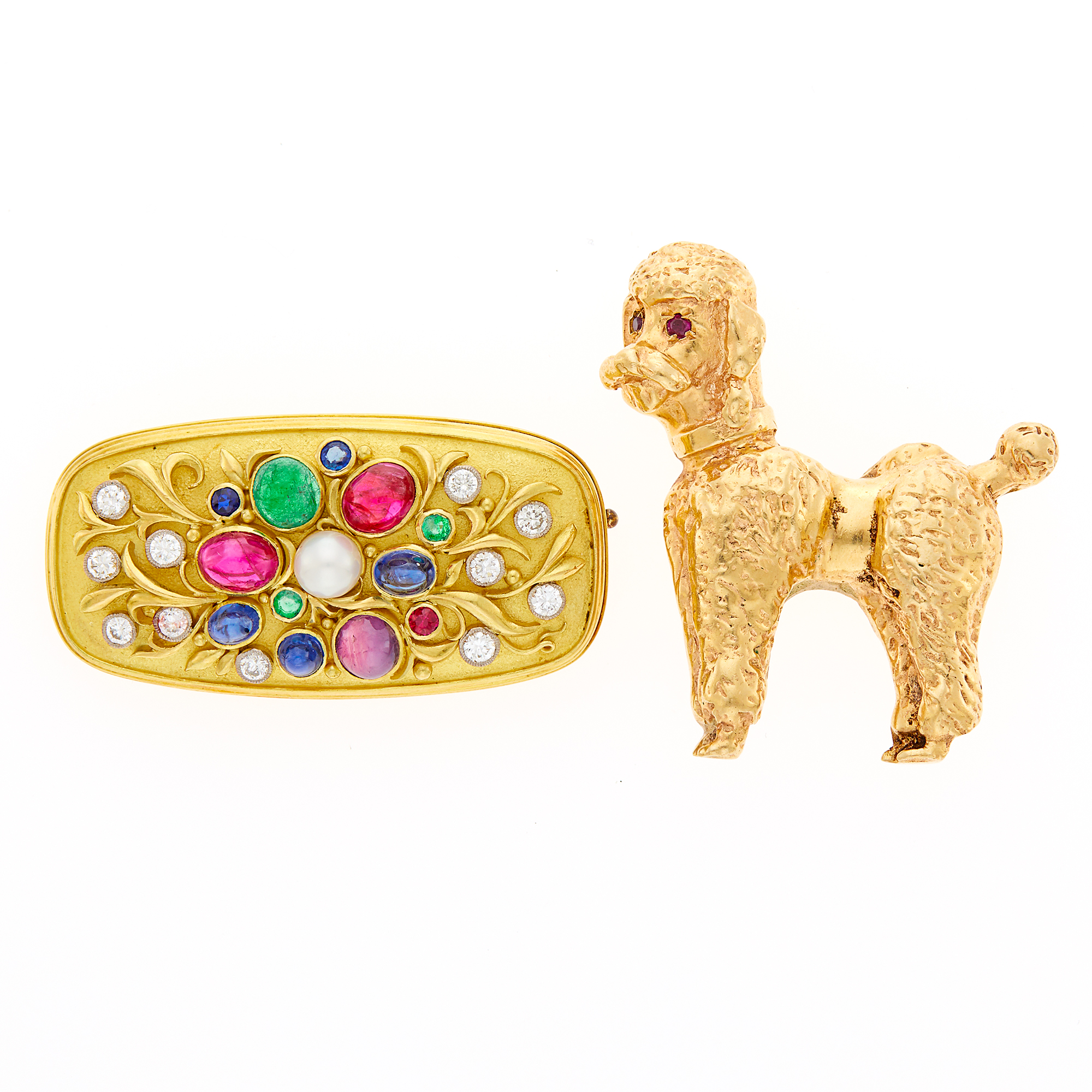 Lot image - Gold, Cabochon Colored Stone, Cultured Pearl and Diamond Brooch and Gold Poodle Brooch