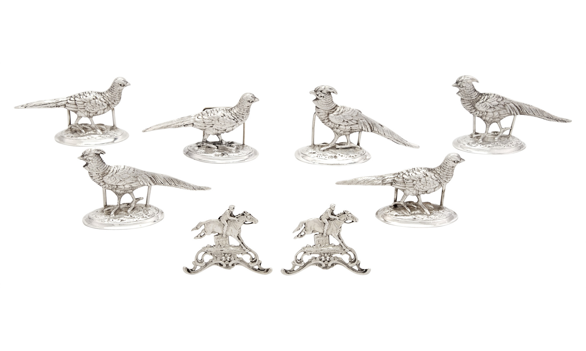 Lot image - Set of Six Continental Silver Novelty Pheasant Placecard Holders and a Pair of Novelty Equestrian Placecard Holders