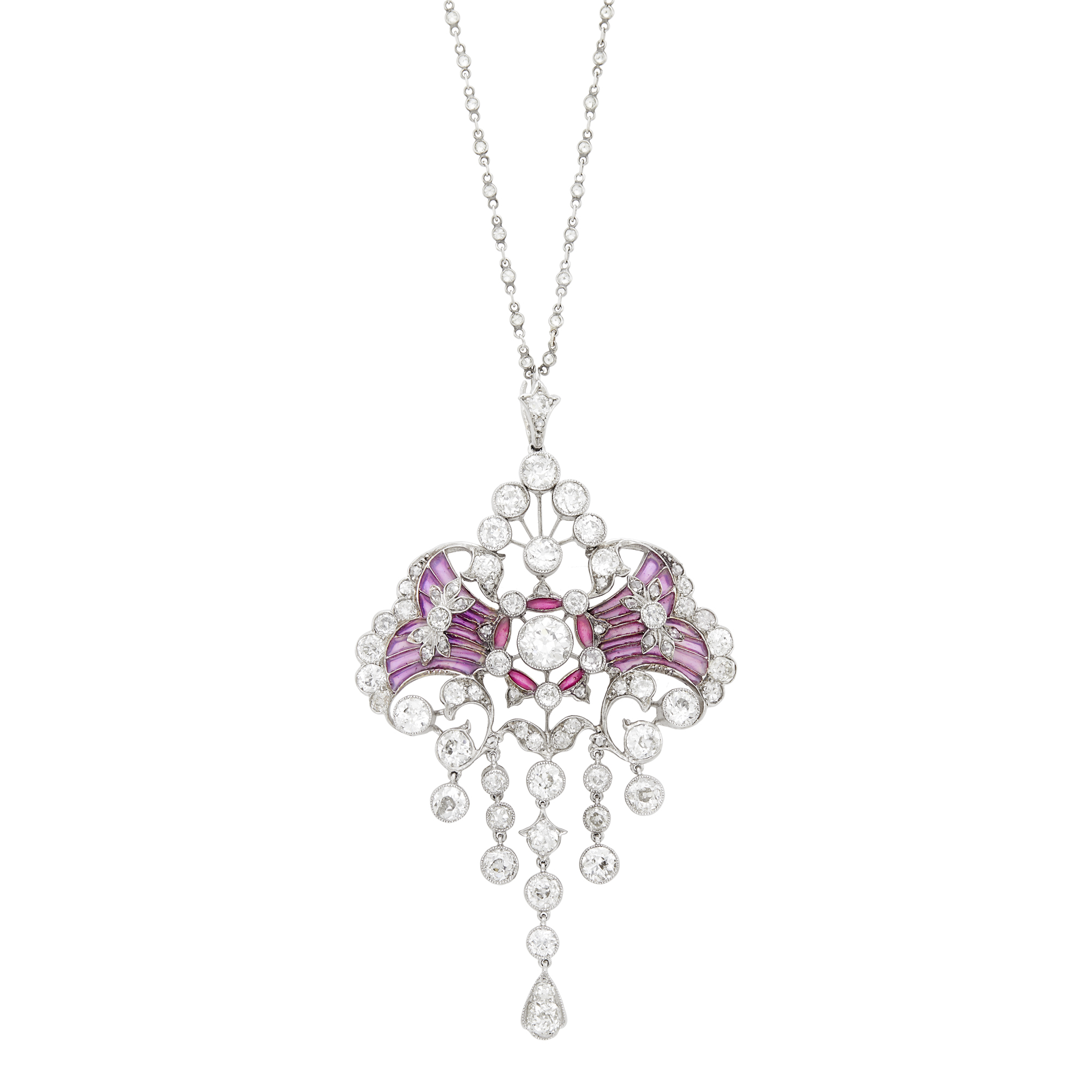 Lot image - Belle Époque Platinum, Diamond and Pink and Purple Plique-à-Jour Enamel Pendant with Platinum and Diamond Chain Necklace