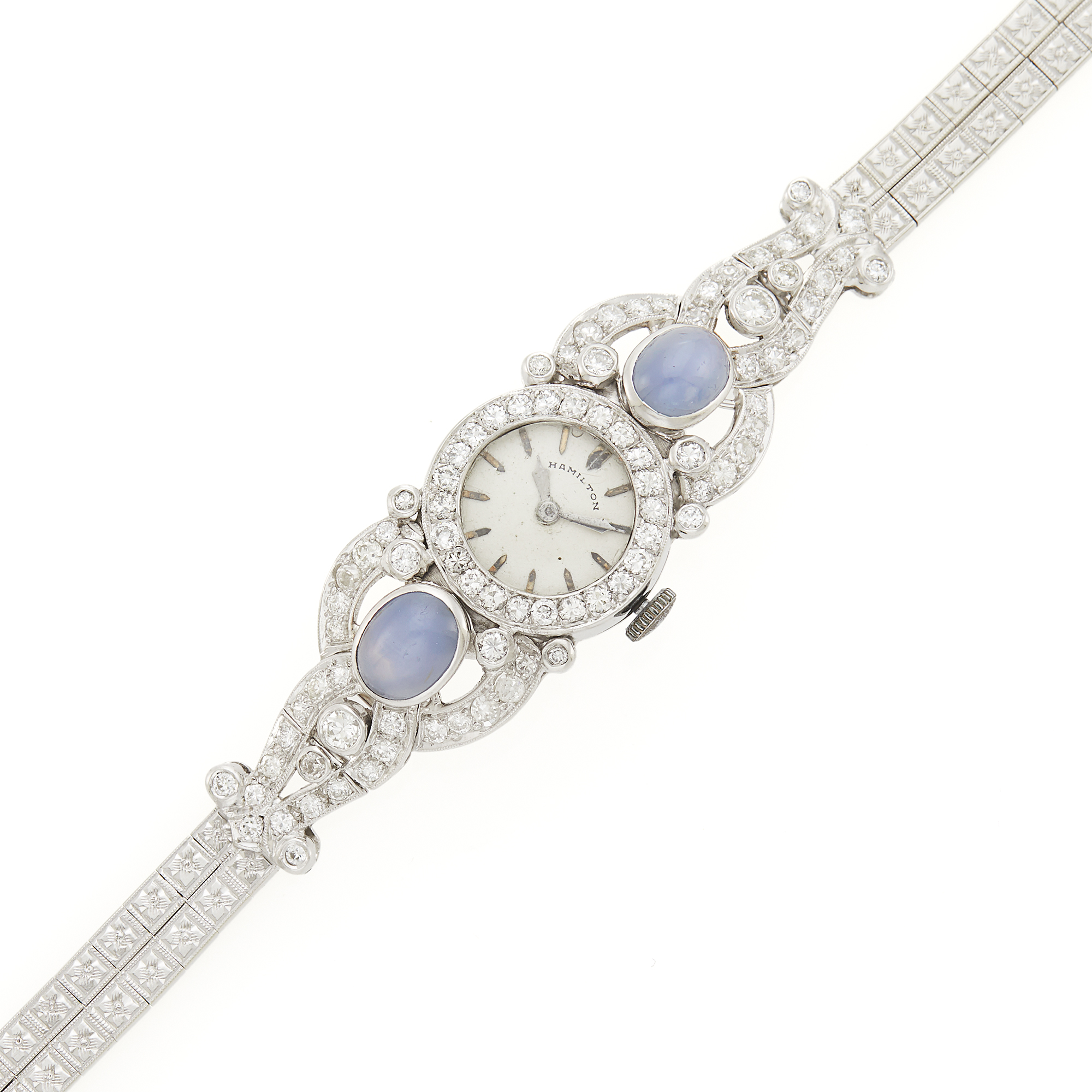 Lot image - Hamilton Platinum, White Gold, Star Sapphire and Diamond Bracelet-Watch