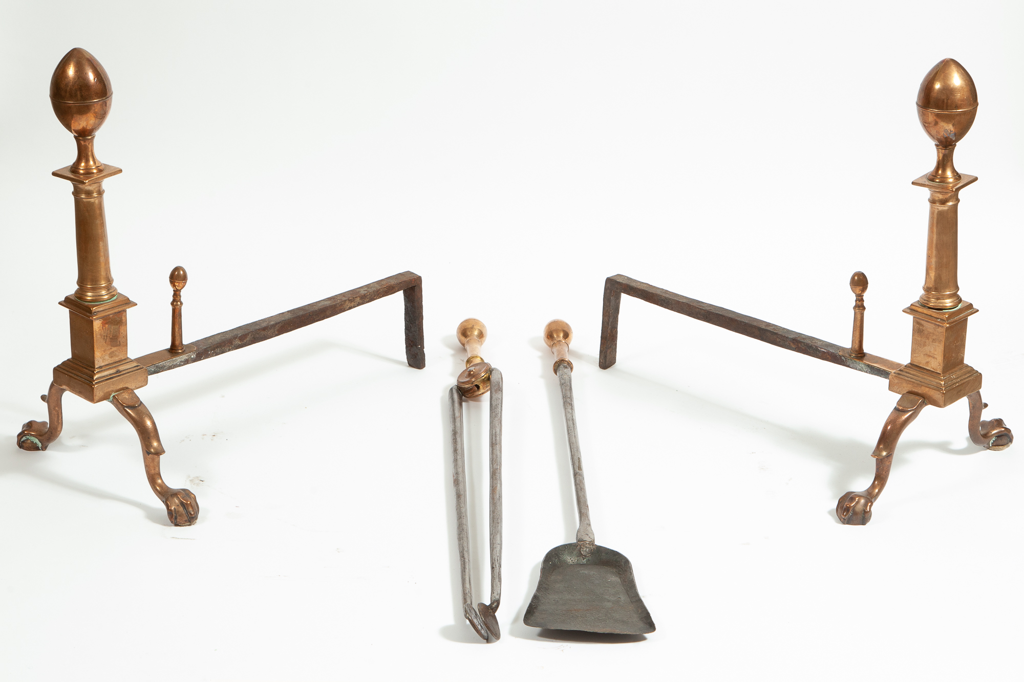 Lot image - Pair of Bell Metal Lemon-Top Andirons and Fire Tools