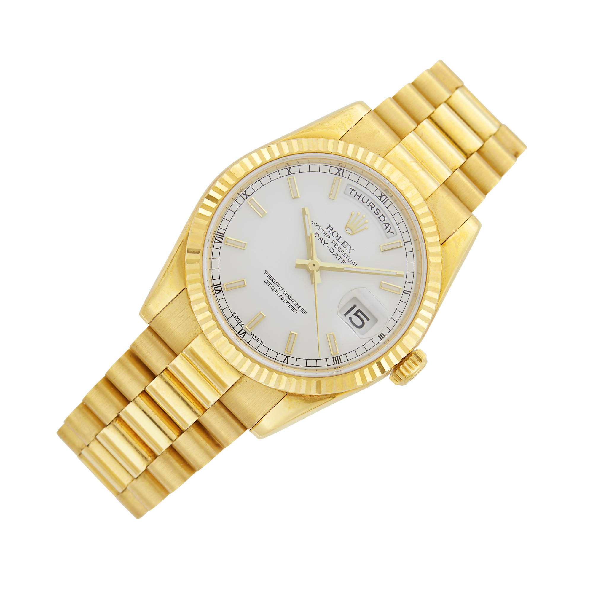 Lot image - Rolex Gentlemans Gold Oyster Petpetual Day-Date Presidential Wristwatch, Ref. 118238