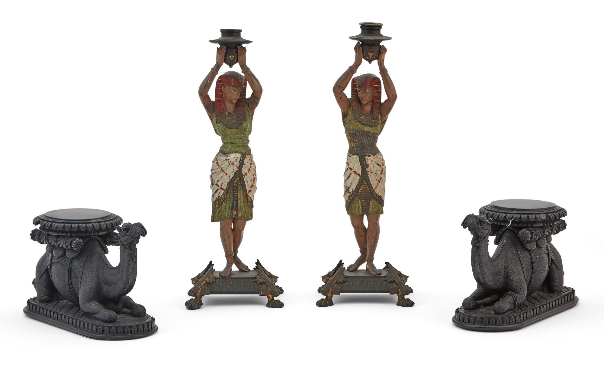 Lot image - Pair of Painted Metal Egyptian Style Figural Candlesticks