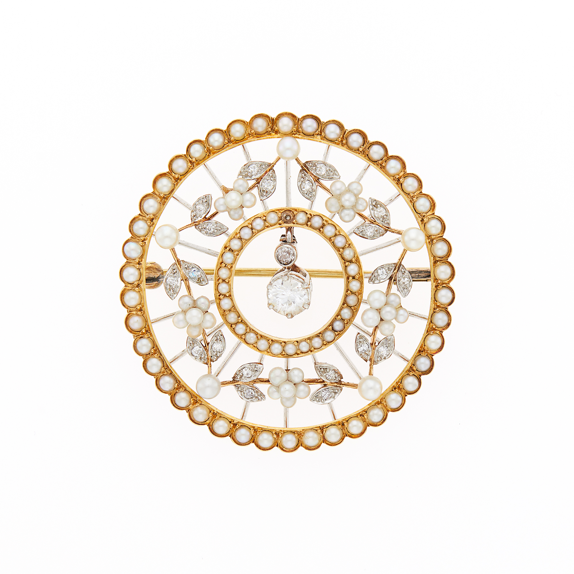 Lot image - Gold, Platinum, Diamond and Split and Seed Pearl Brooch