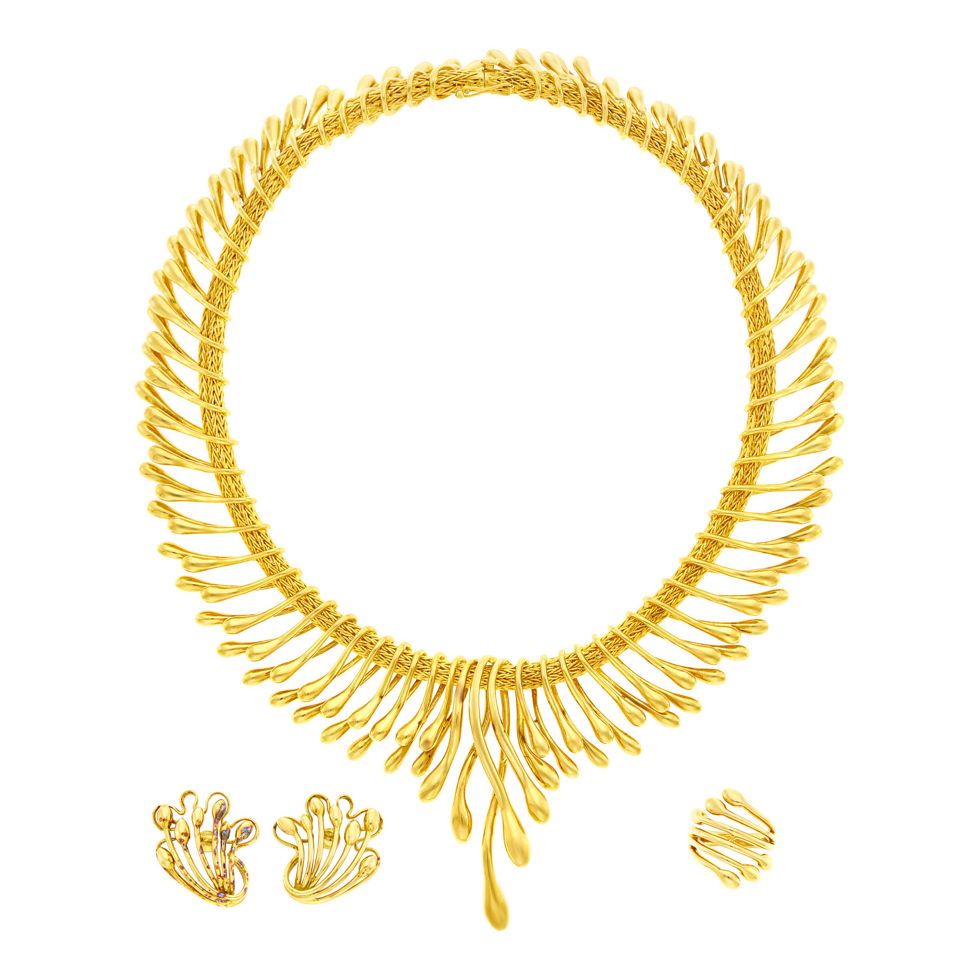 Lot image - Ilias Lalaounis Gold Fringe Biosymboles Necklace, Pair of Earclips and Ring