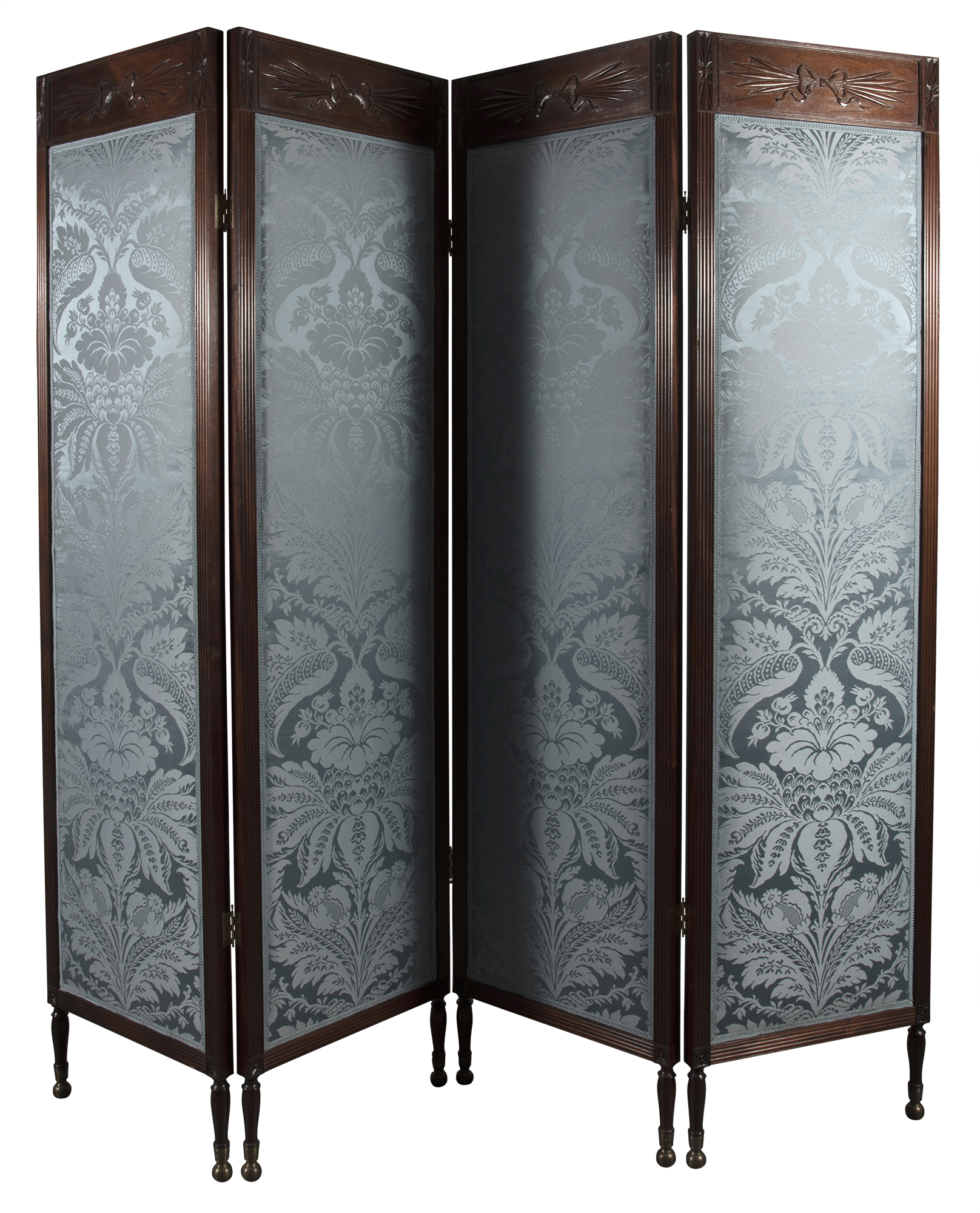 Lot image - Federal Style Mahogany and Silk Upholstered Four-Panel Screen
