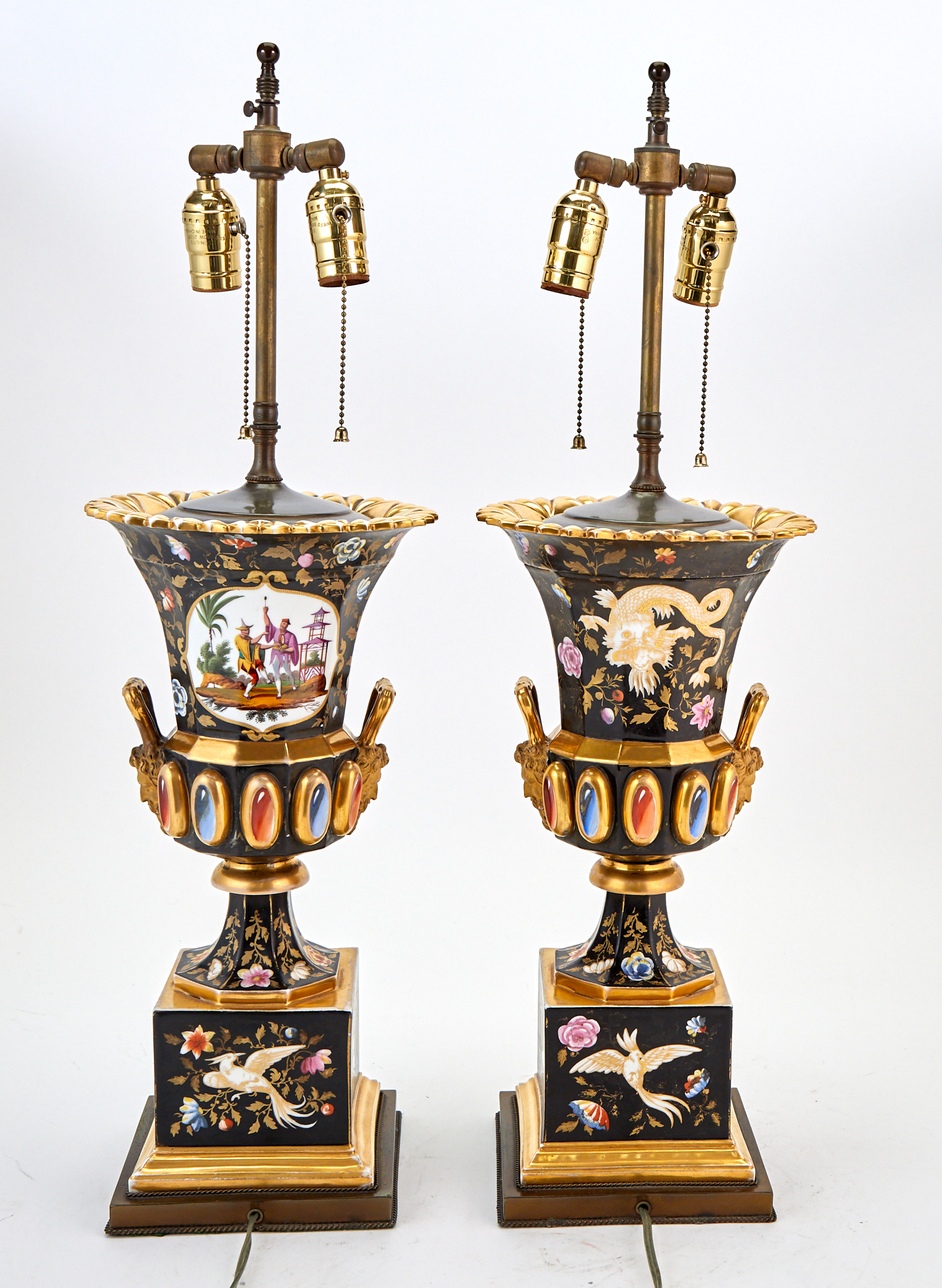 Lot image - Pair of French Porcelain Chinoiserie Decorated Urns Mounted as Lamps
