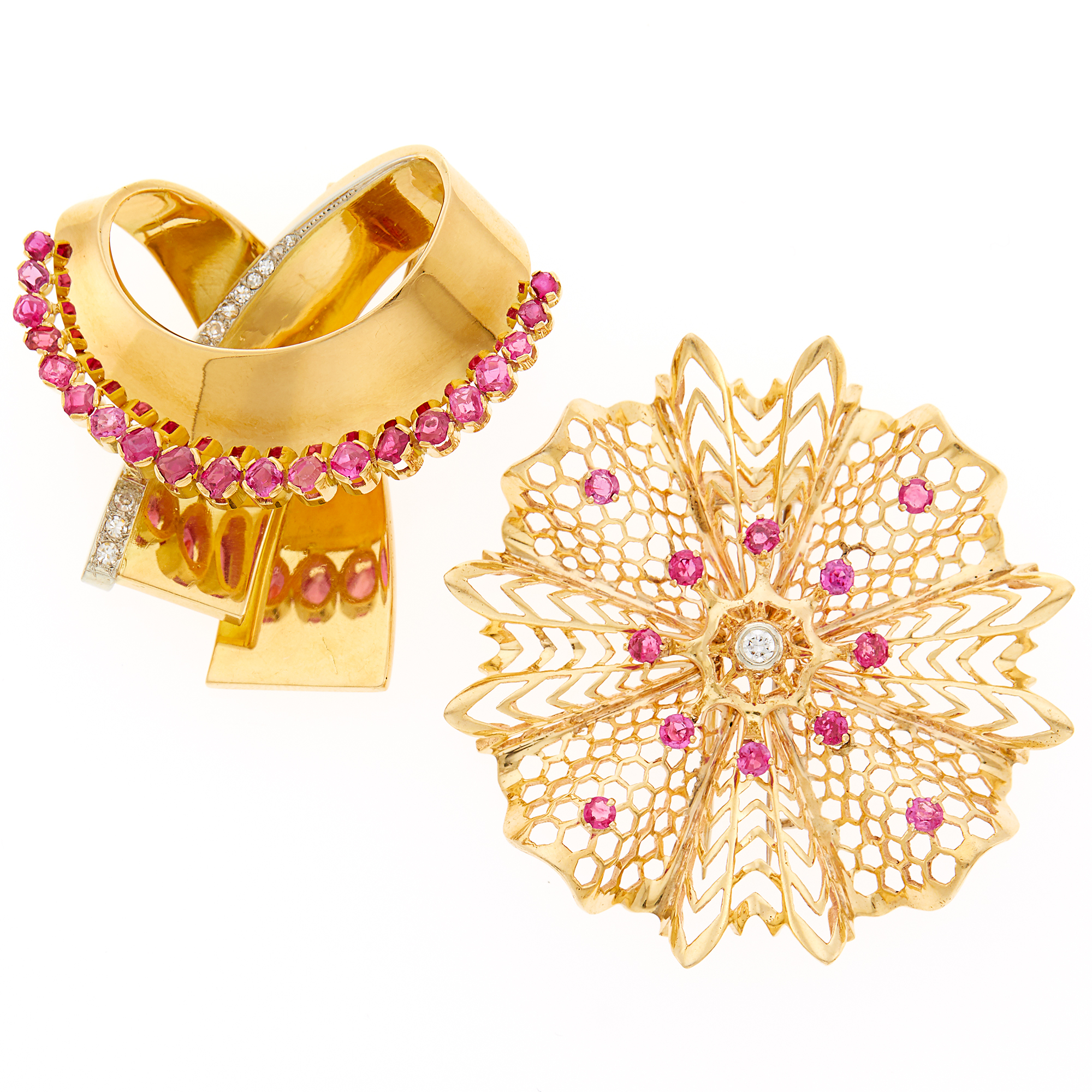Lot image - Two Gold, Ruby and Diamond Clip-Brooch and Brooch