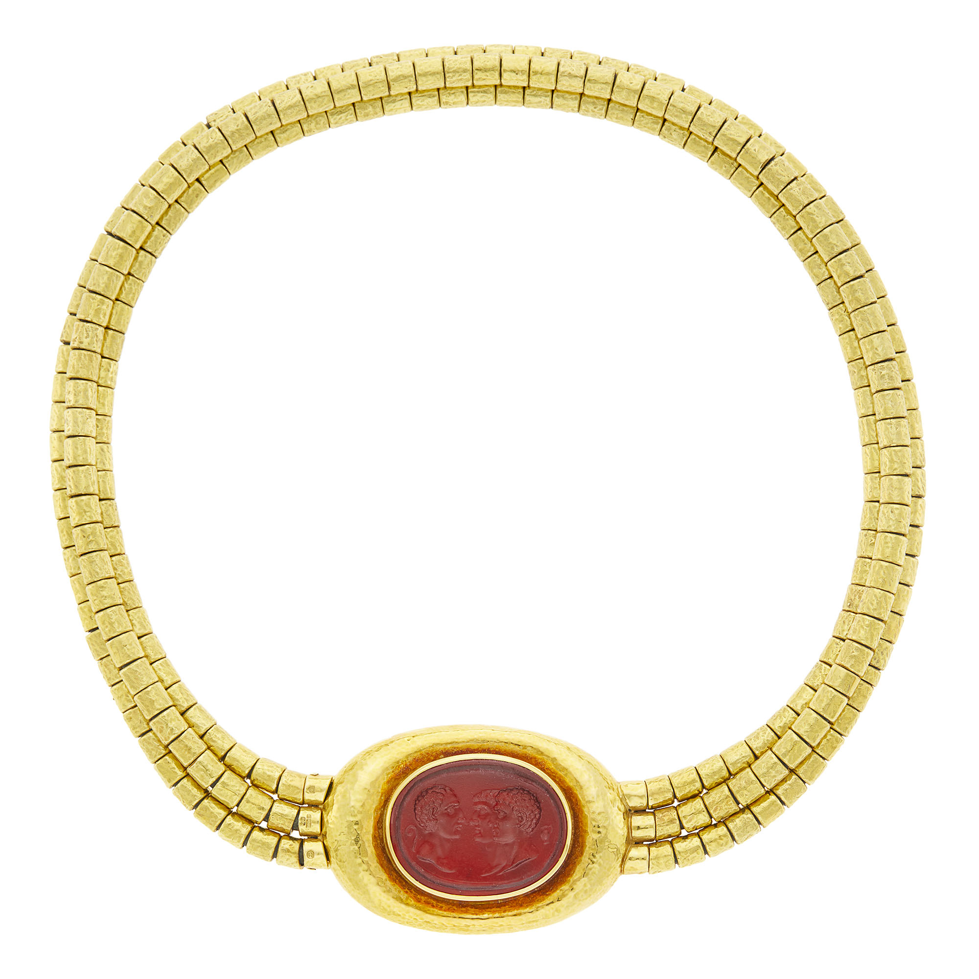 Lot image - Elizabeth Gage Triple Strand Hammered Gold and Red Glass Intaglio Necklace