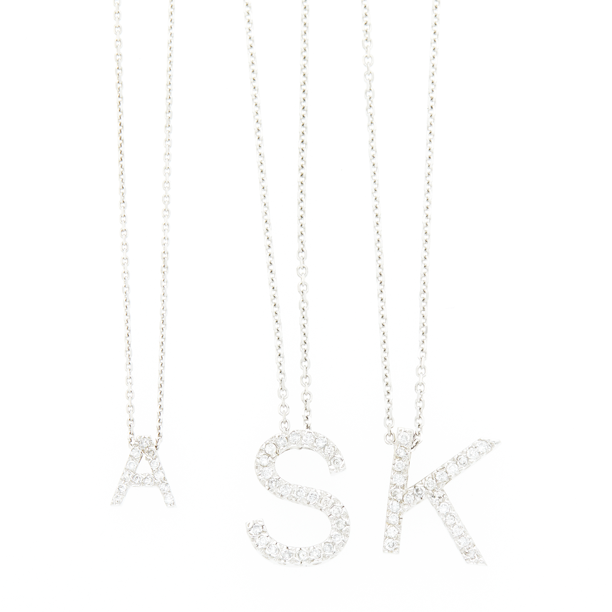 Lot image - Three White Gold and Diamond Initial Pendants with Chain Necklaces
