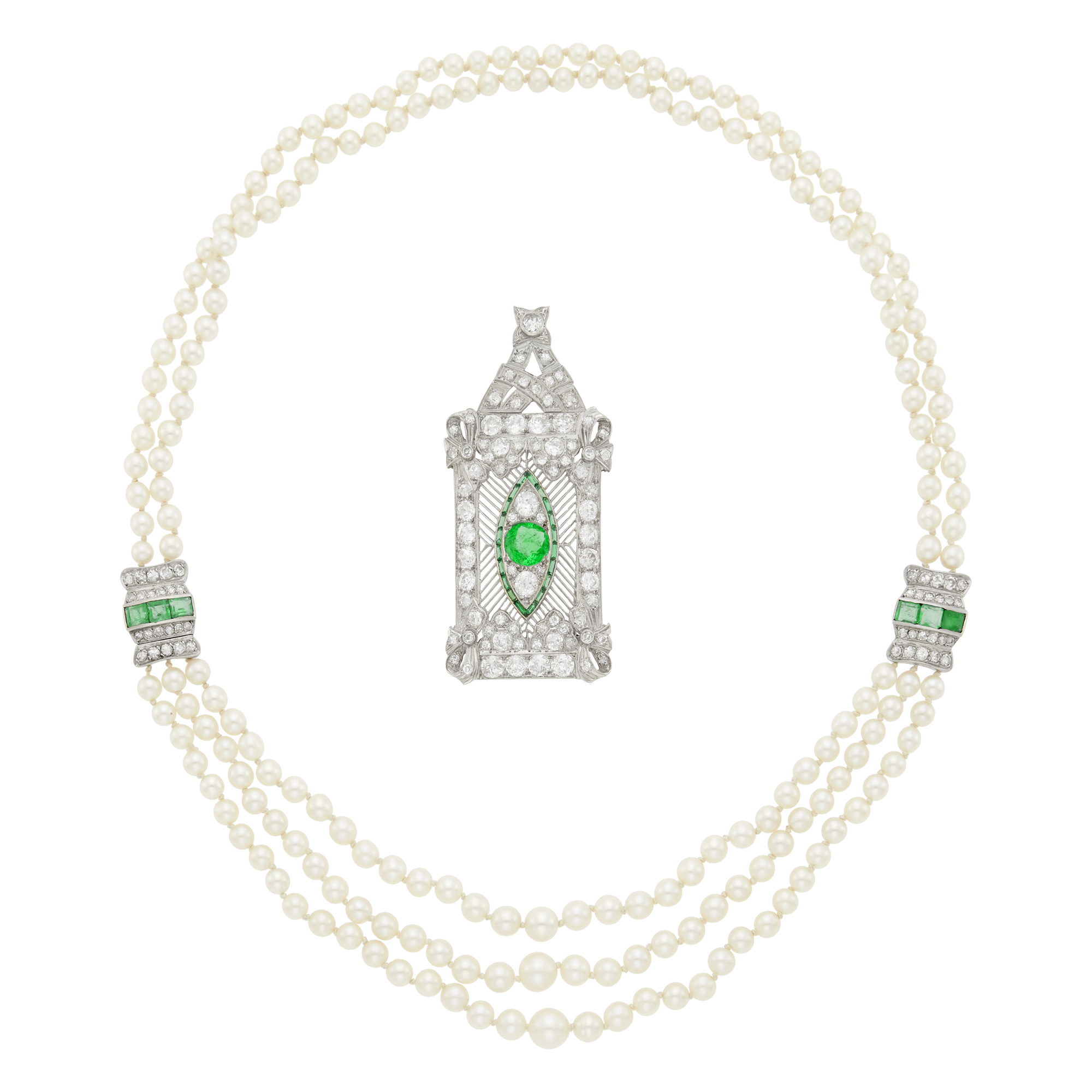 Lot image - Platinum, Emerald and Diamond Enhancer-Brooch and Multistrand Cultured Pearl Swag Necklace