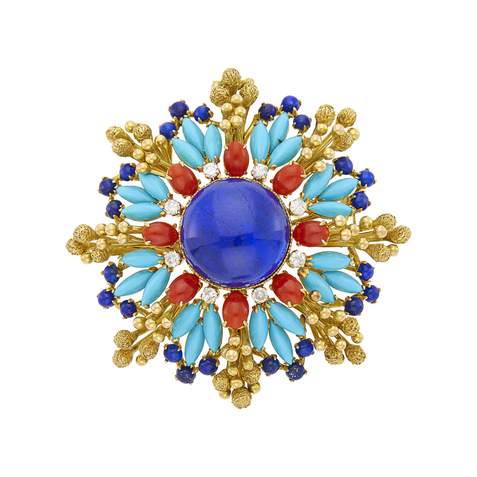 Lot image - Gold, Lapis, Turquoise, Coral and Diamond Pendant-Brooch