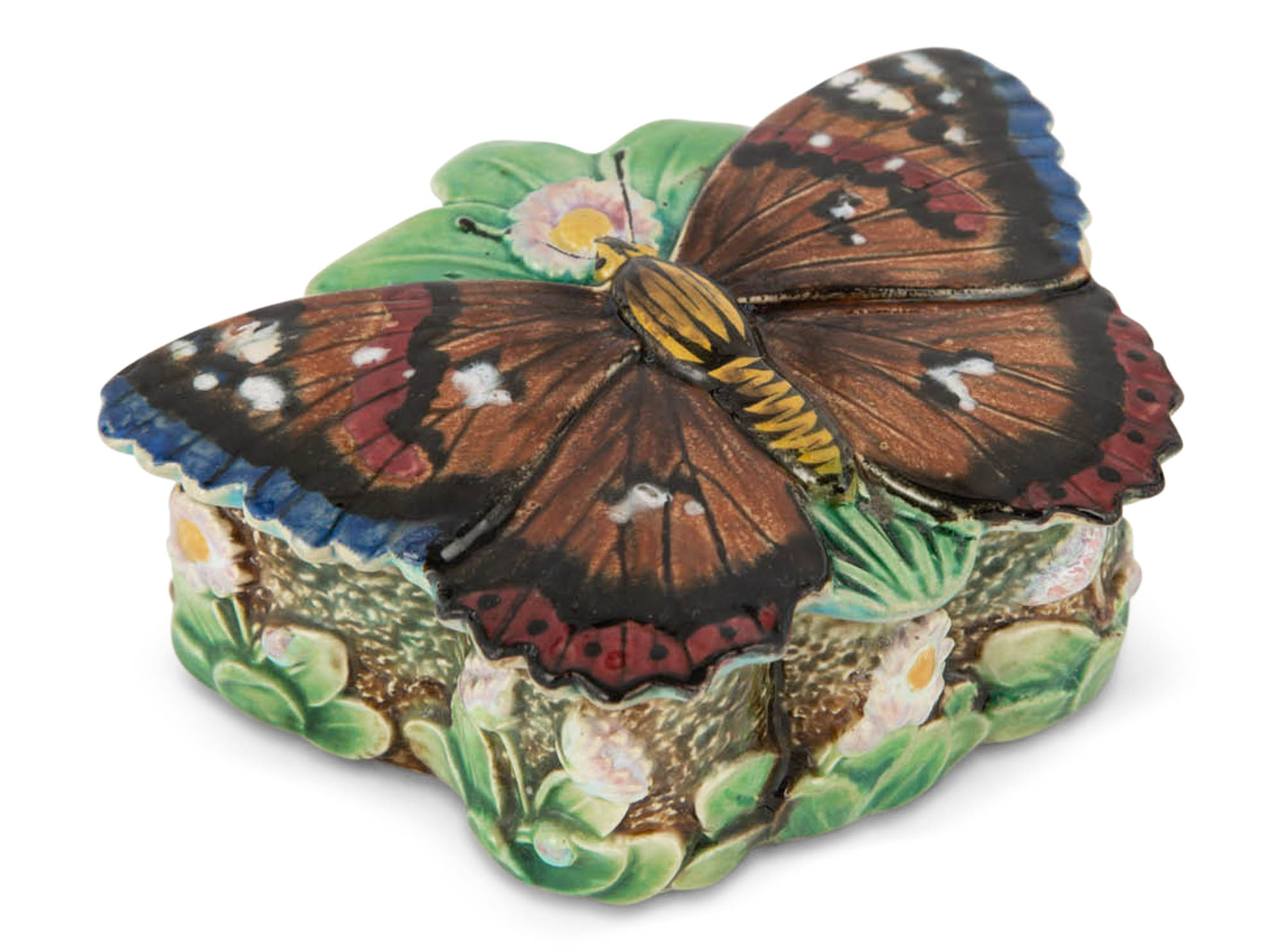 Lot image - George Jones Majolica Butterfly Beauty-Patch / Powder Box and Cover
