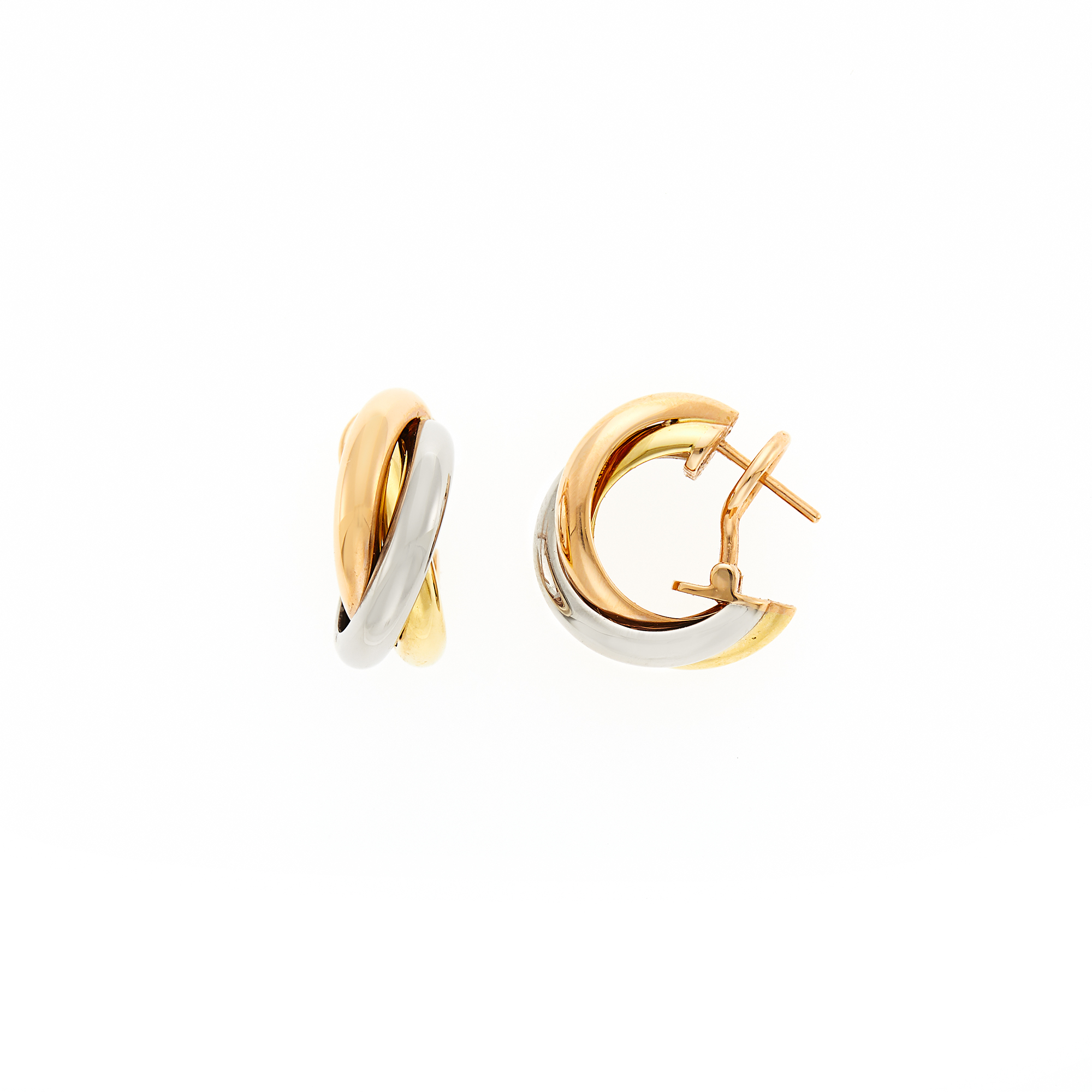 Lot image - Cartier Pair of Tricolor Gold Trinity Hoop Earrings