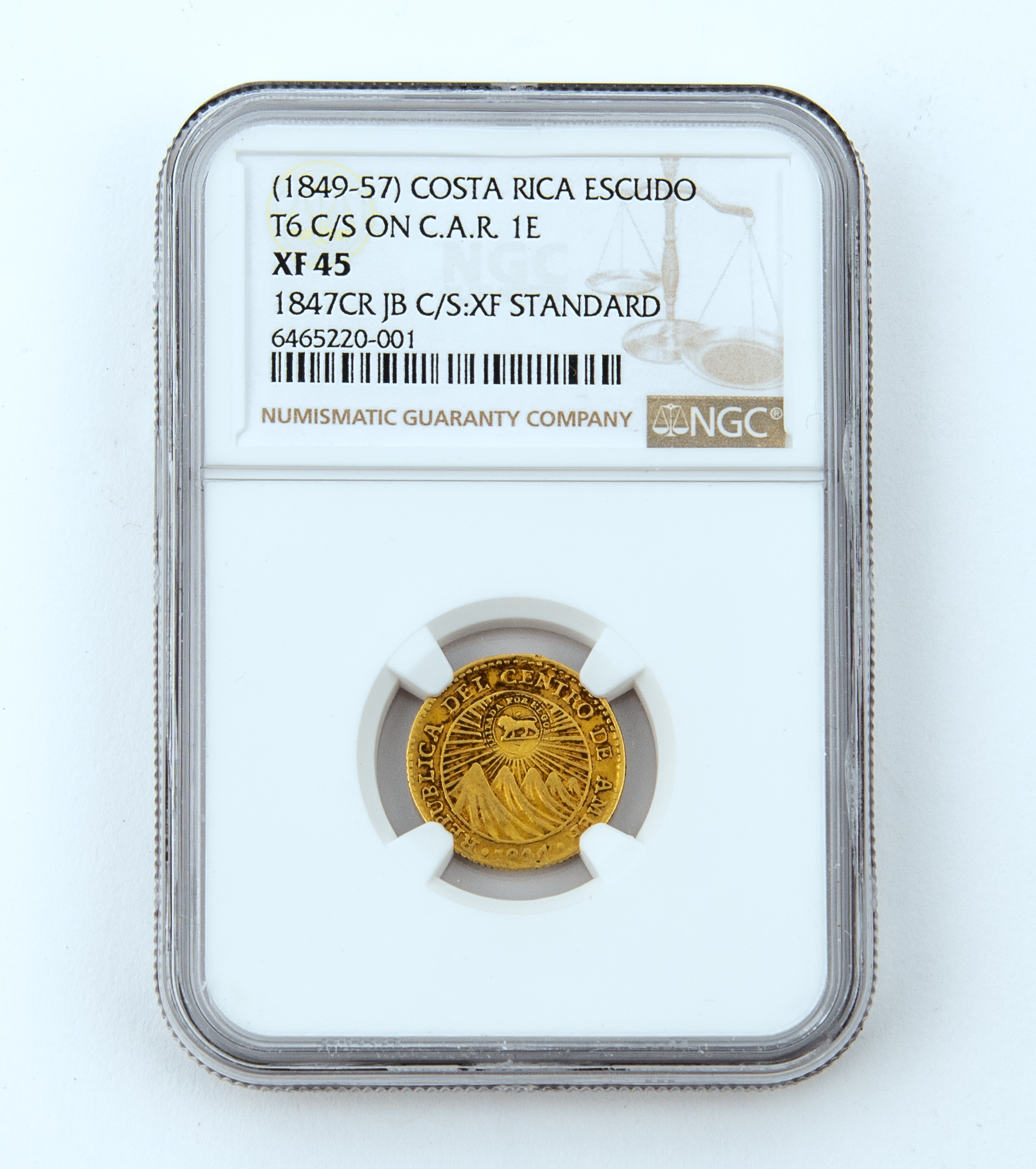 Lot image - Costa Rica Type Vl C/S ND (1849-57) CR-JB Gold Escudo KM# 84 Fr. 4a NGC  XF45