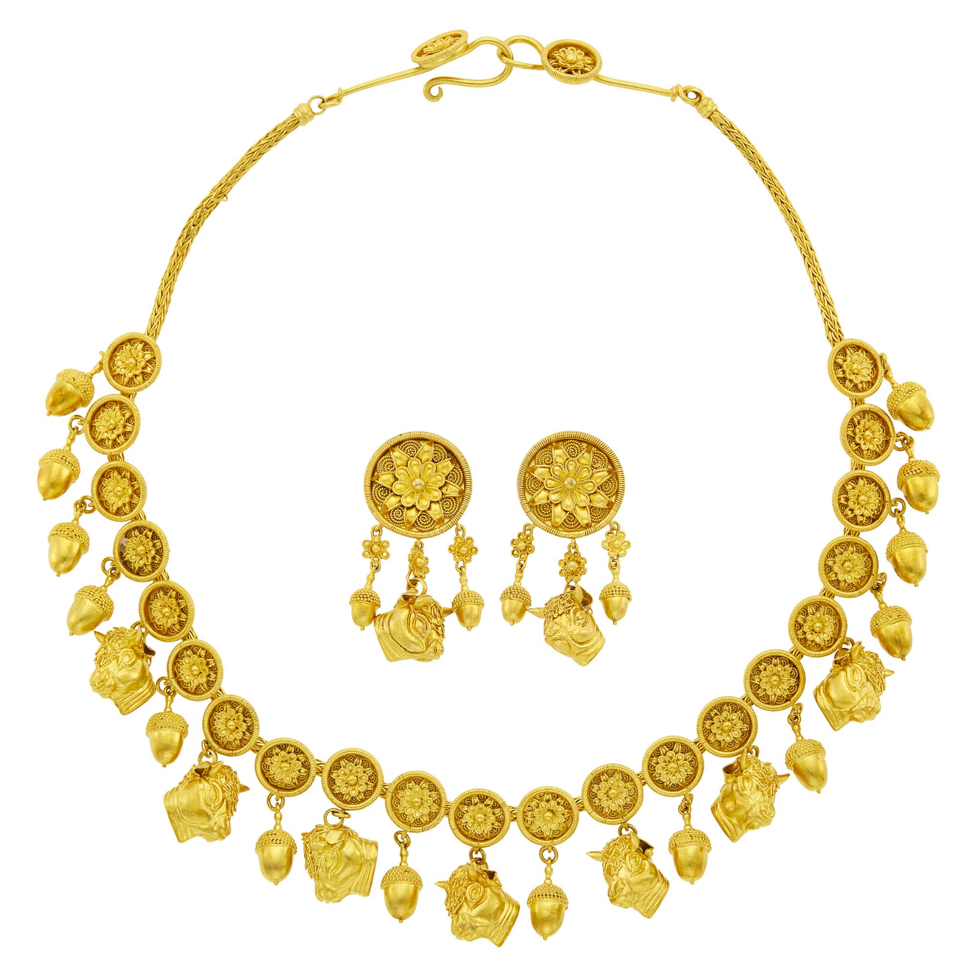 Lot image - Ilias Lalaounis Gold Bull and Acorn Fringe Necklace and Pair of Pendant-Earclips