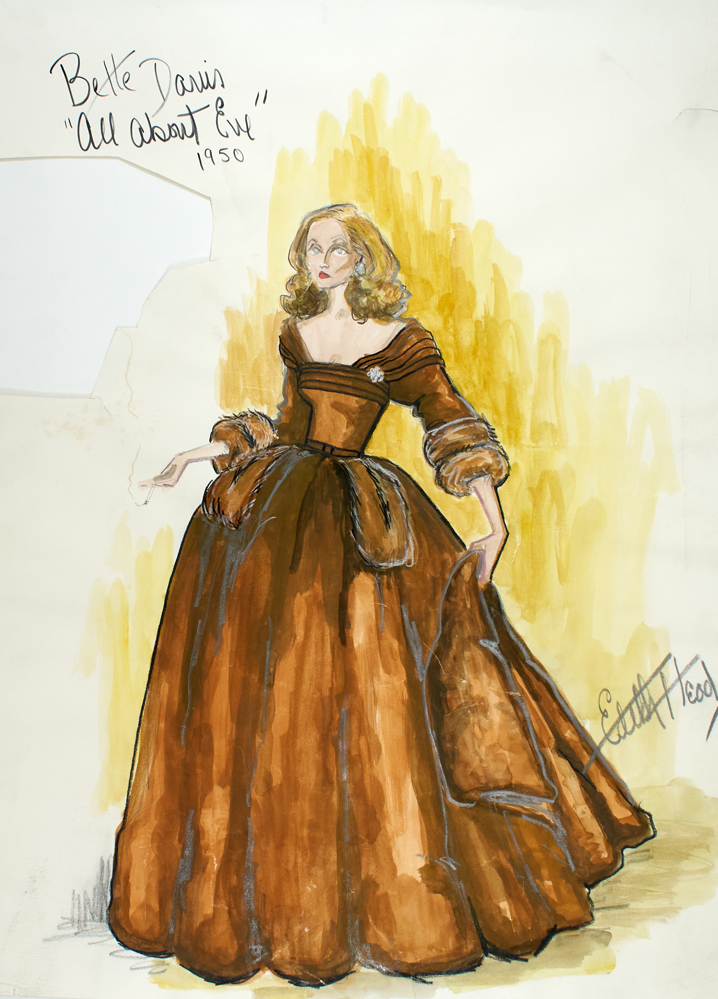 Lot image - Edith Head  An important original costume drawing for Bette Davis in All About Eve, 1950.