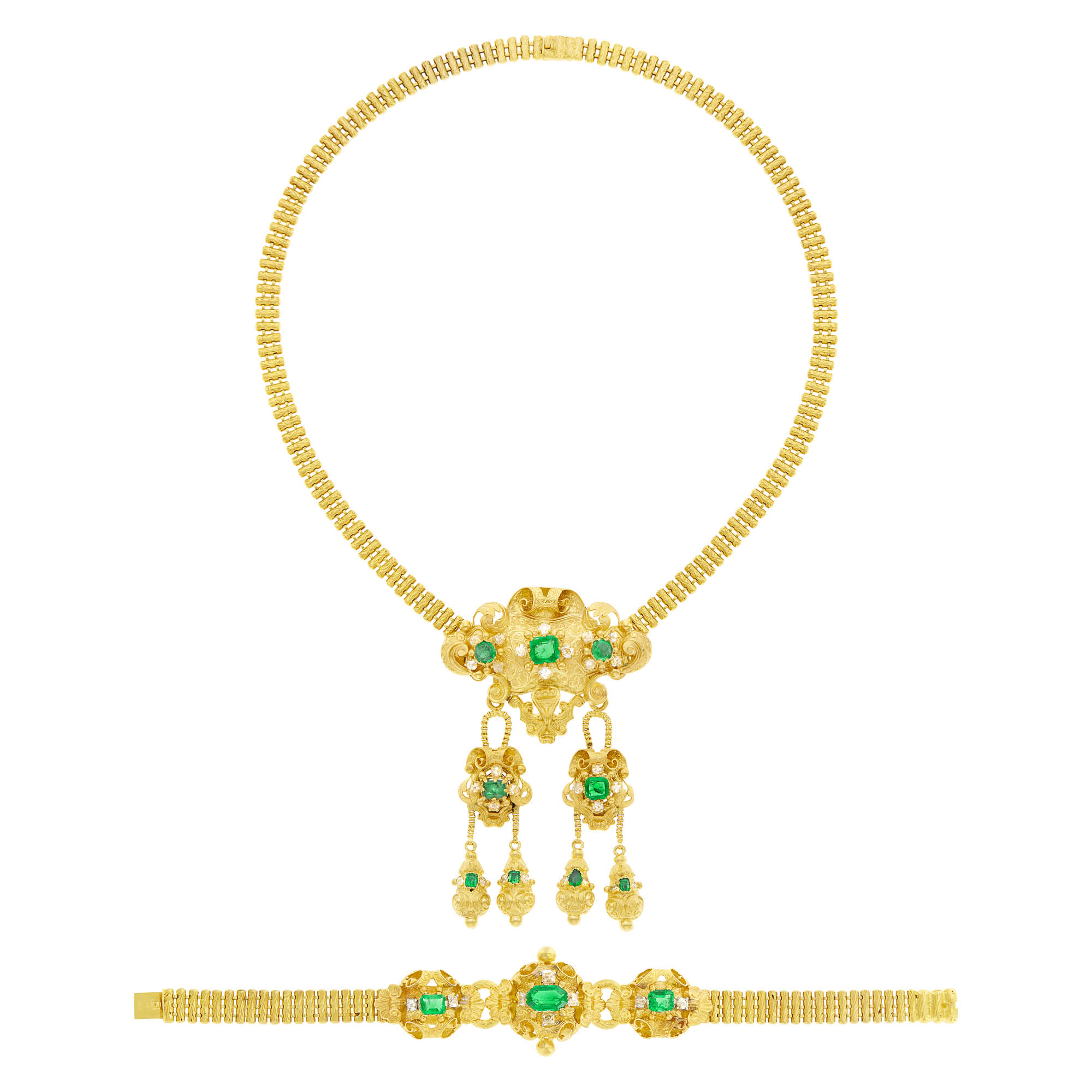 Lot image - Antique Gold, Emerald and Diamond Pendant-Necklace and Bracelet, France