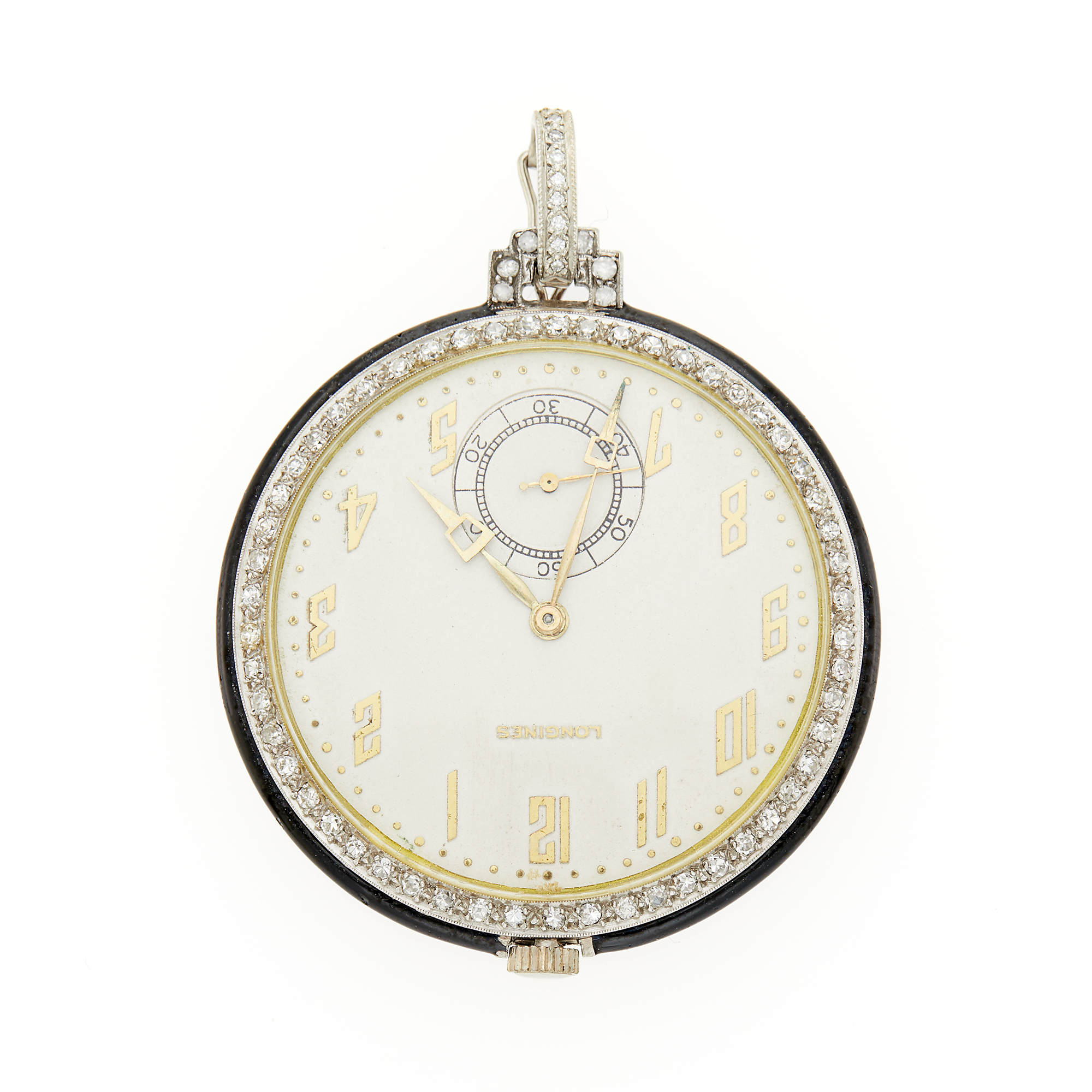 Lot image - Longines Platinum, Gold, Black Enamel and Diamond Open Face Pendant-Watch