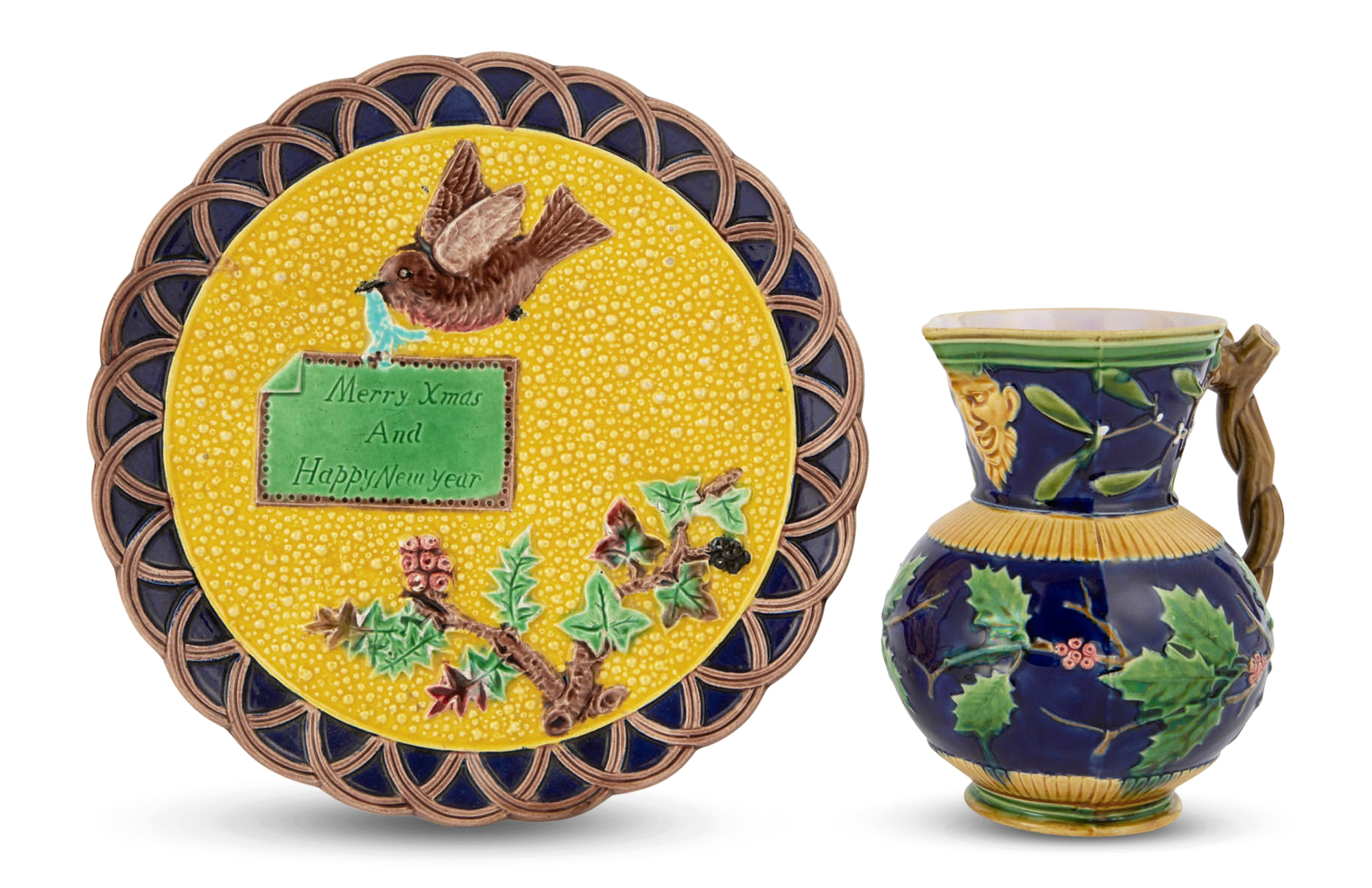 Lot image - Minton Majolica Cobalt-Blue Ground Mistletoe and Holly Christmas Jug