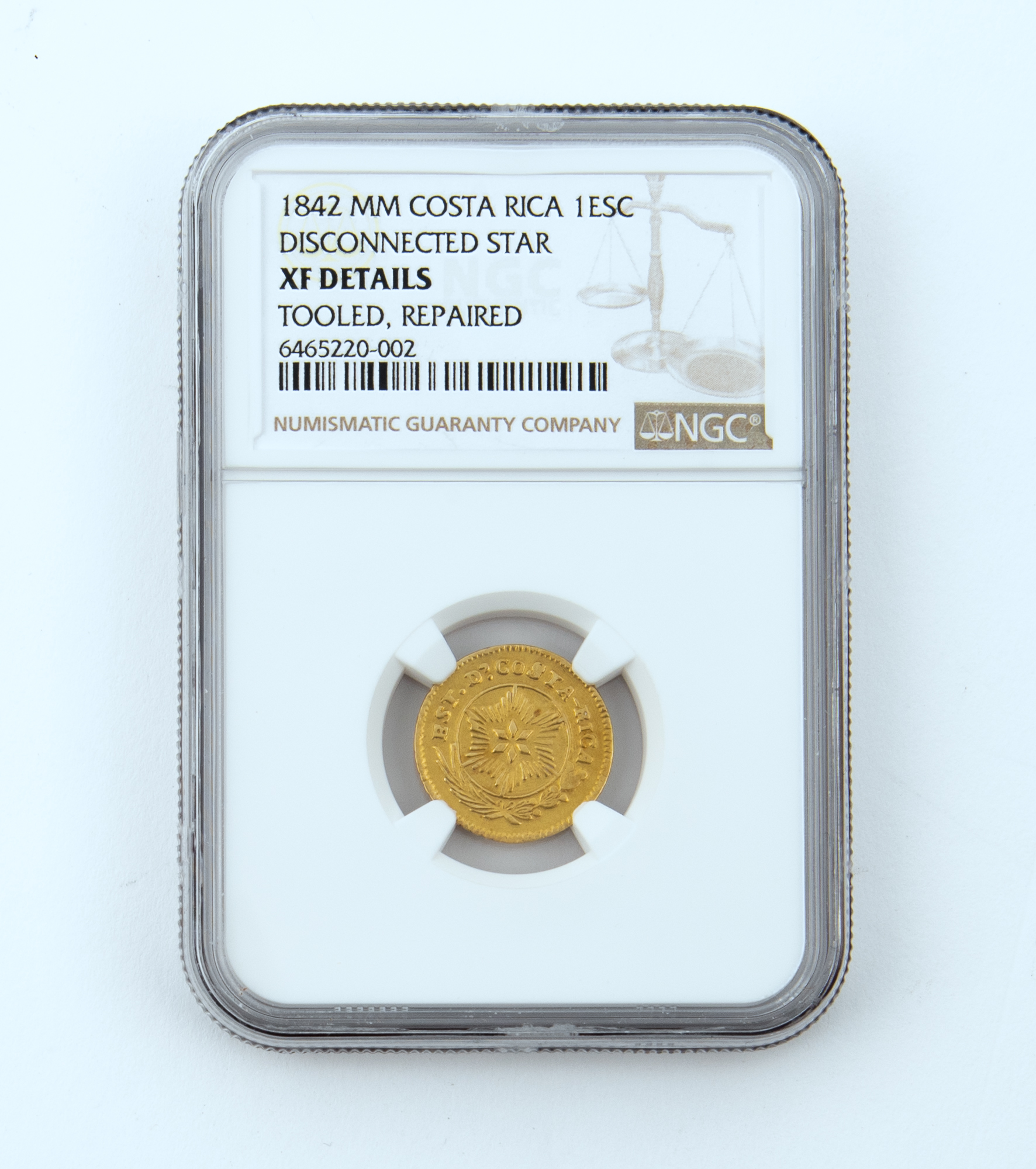 Lot image - Costa Rica 1842-MM Disconnected Star Gold Escudo KM# 33.1, Fr.6 NGC  XF Details
