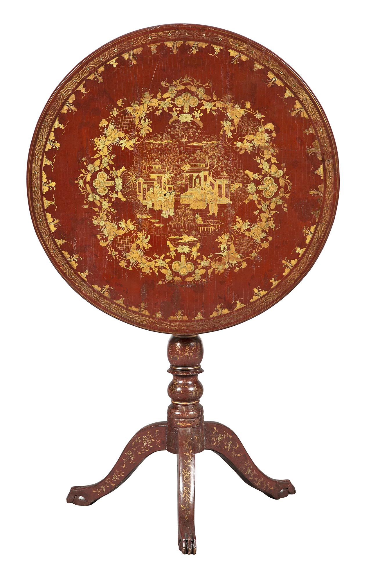Lot image - Chinese Export Red Lacquer and Parcel-Gilt Tripod Table