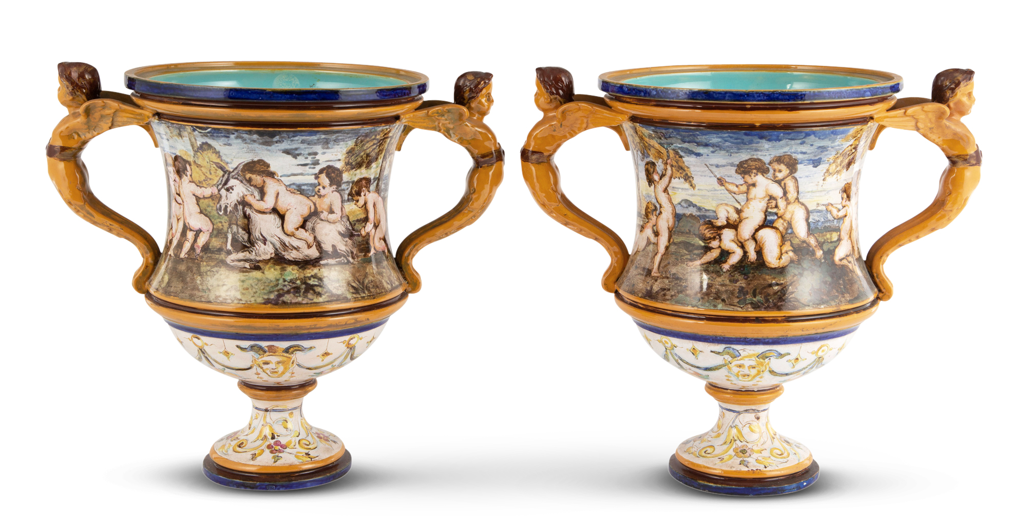 Lot image - Pair of Minton Majolica Renaissance Style Two-Handled Krater Vases