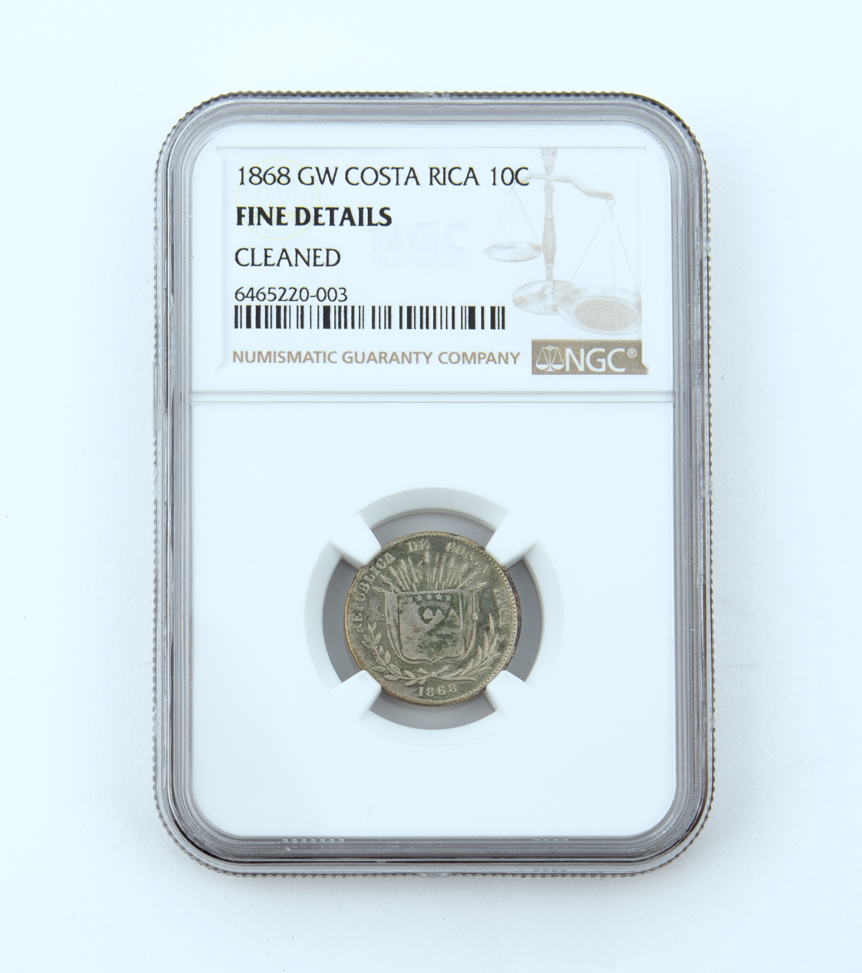 Lot image - Costa Rica 1868 GW 10 Centavos KM# 111 NGC Fine Details