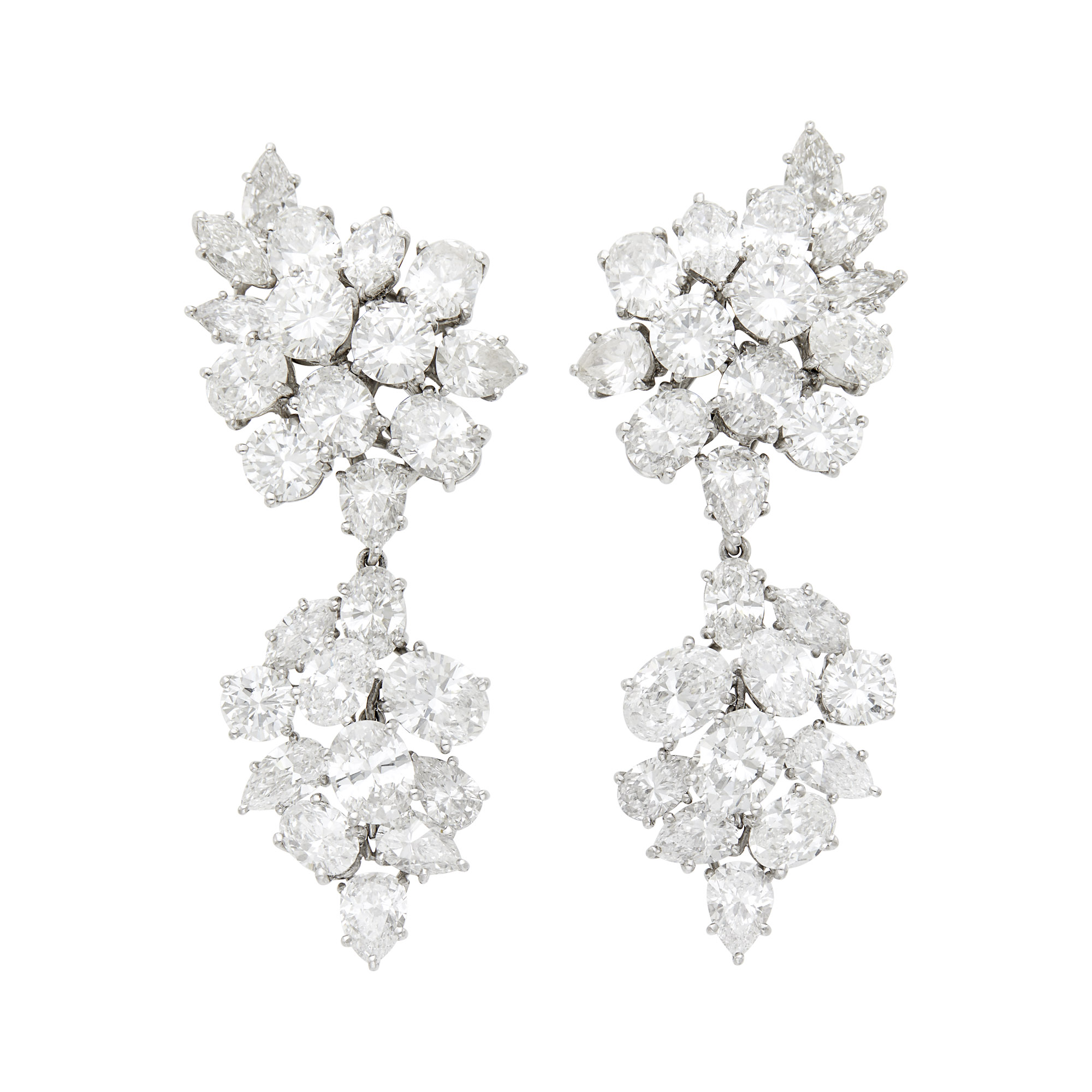 Lot image - Pair of Platinum and Diamond Cluster Pendant-Earclips