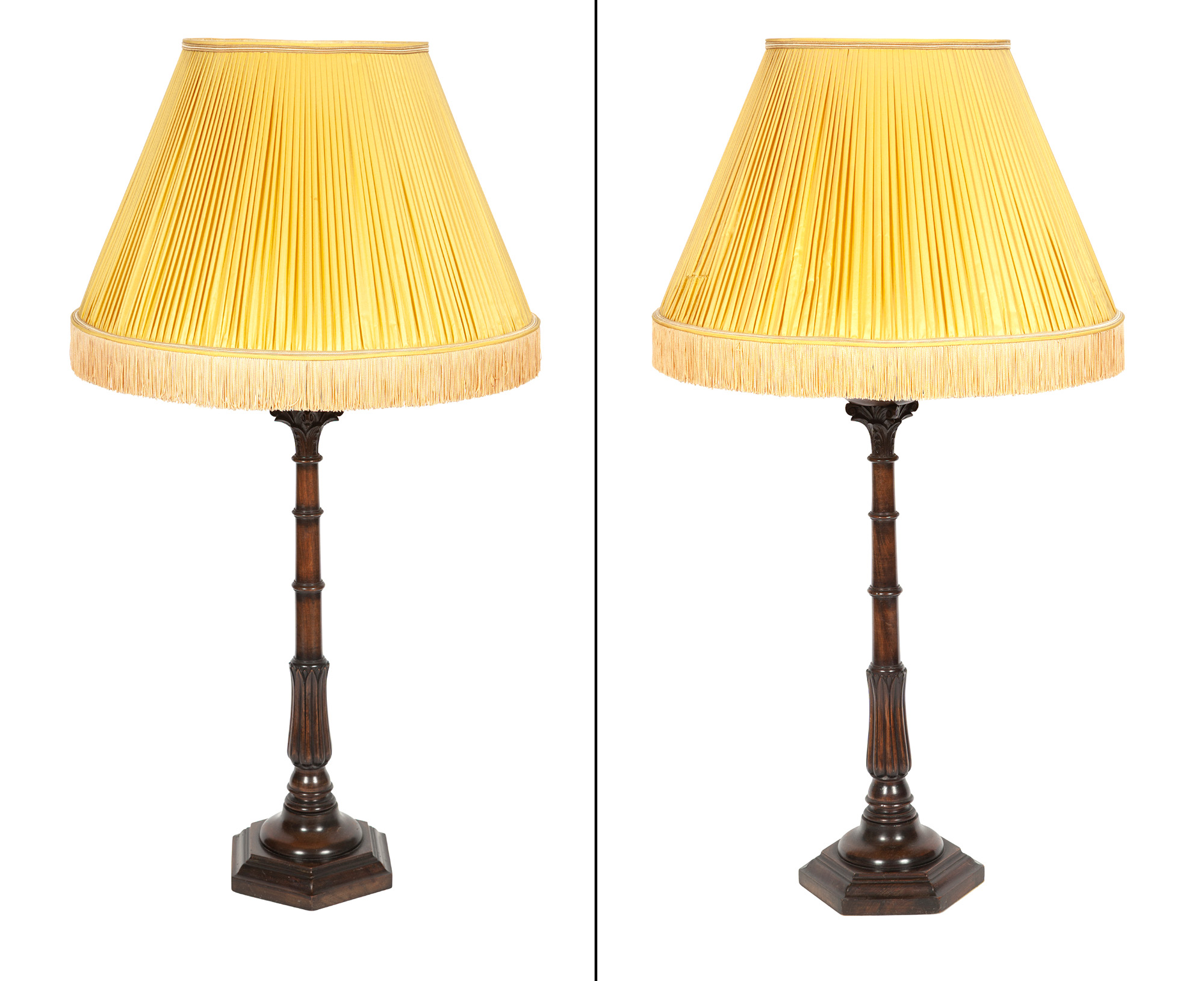 Lot image - Pair of George IV Style Wood Lamps with Yellow Shades