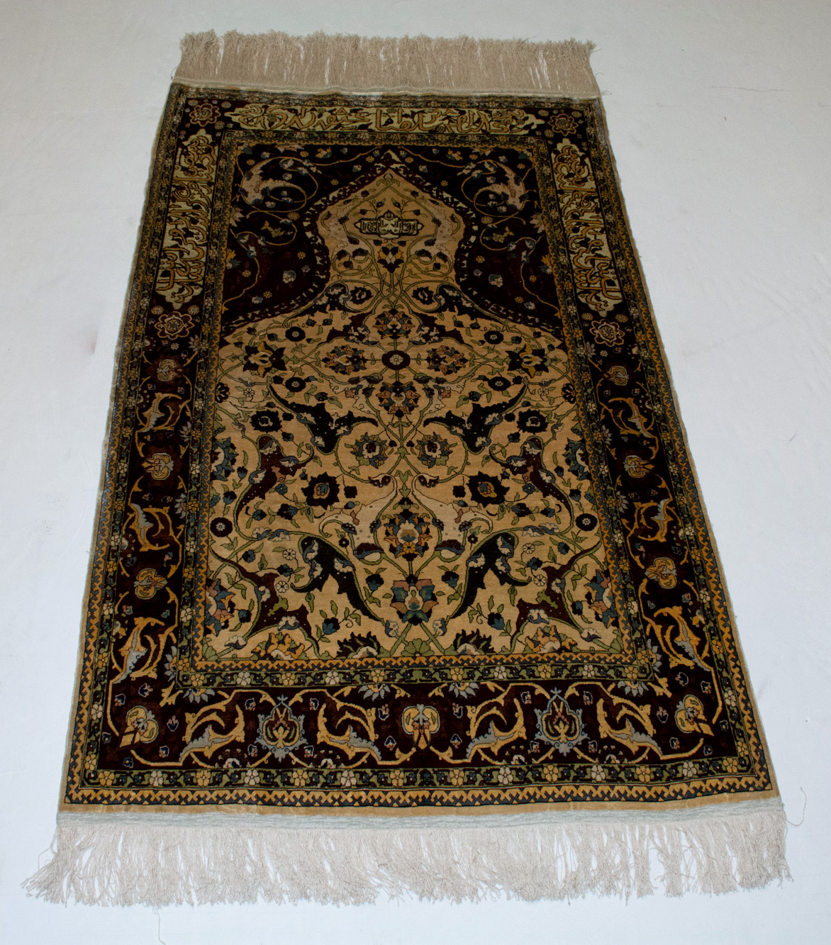Lot image - Silk and Metallic Thread Hereke Prayer Rug