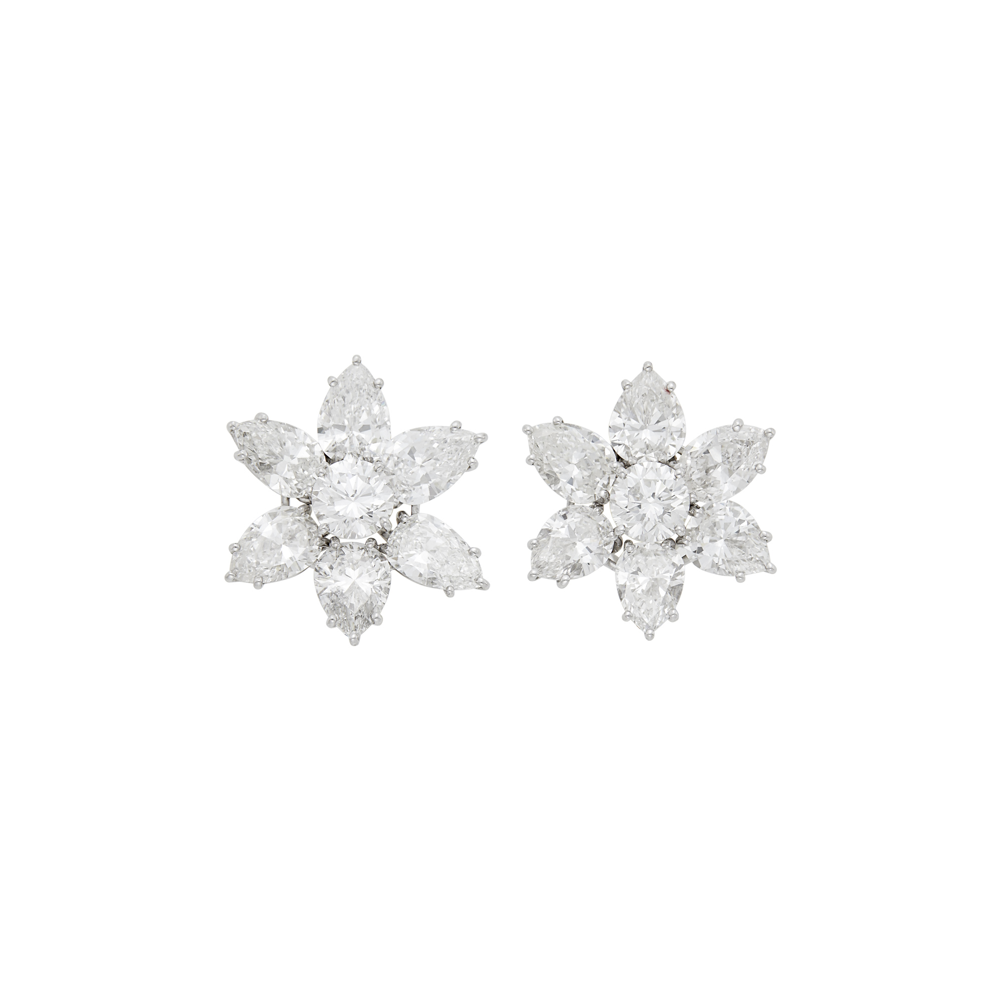 Lot image - Pair of Platinum and Diamond Flower Earclips