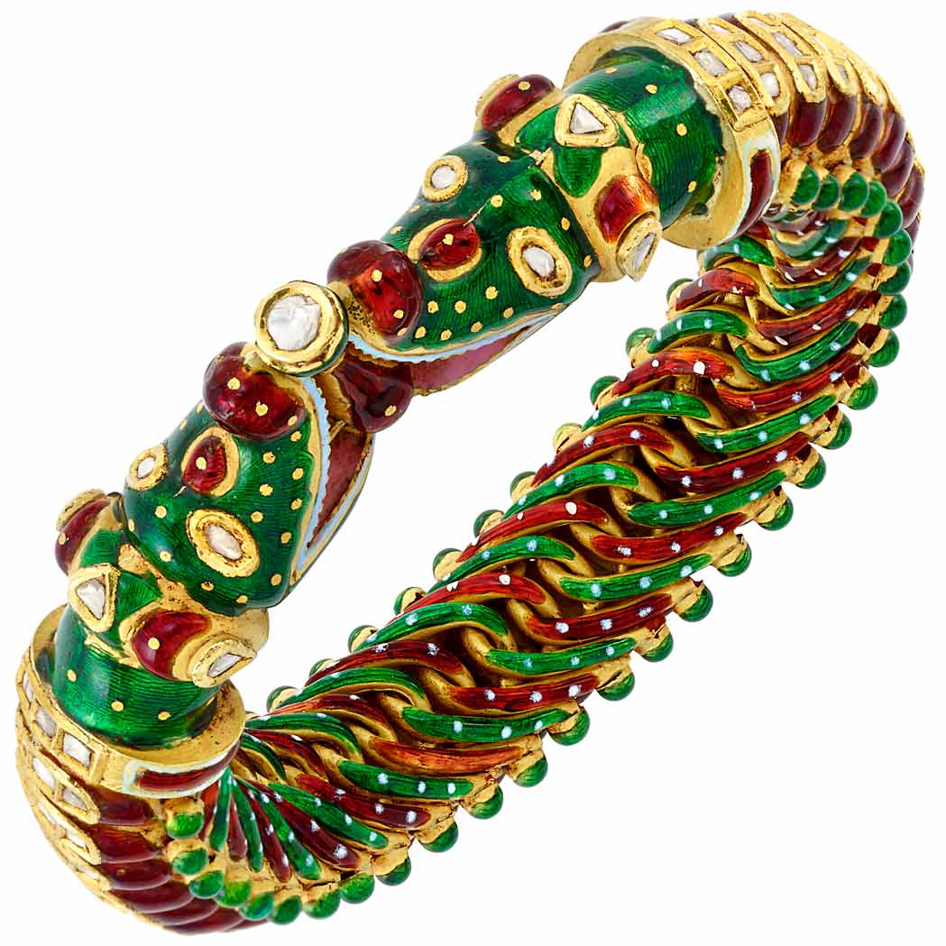 Lot image - Indian Gold, Red and Green Enamel and Diamond Snake Bangle Bracelet