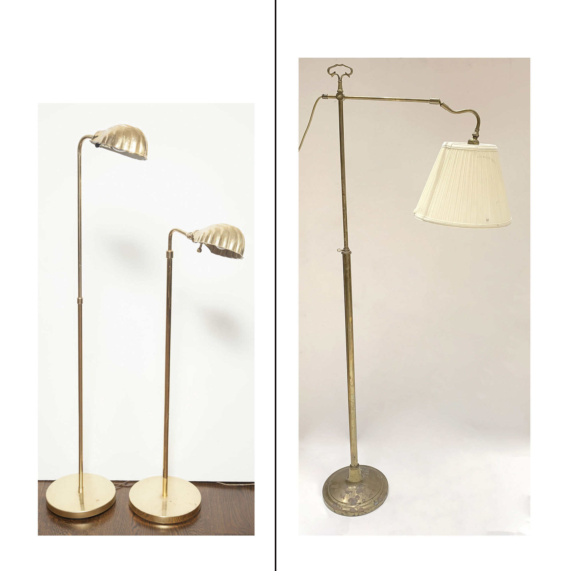 Lot image - Pair of Brass Adjustable Floor Lamps with Shell-Form Shades; Together with a Brass Adjustable Angle-Arm Floor Lamp.