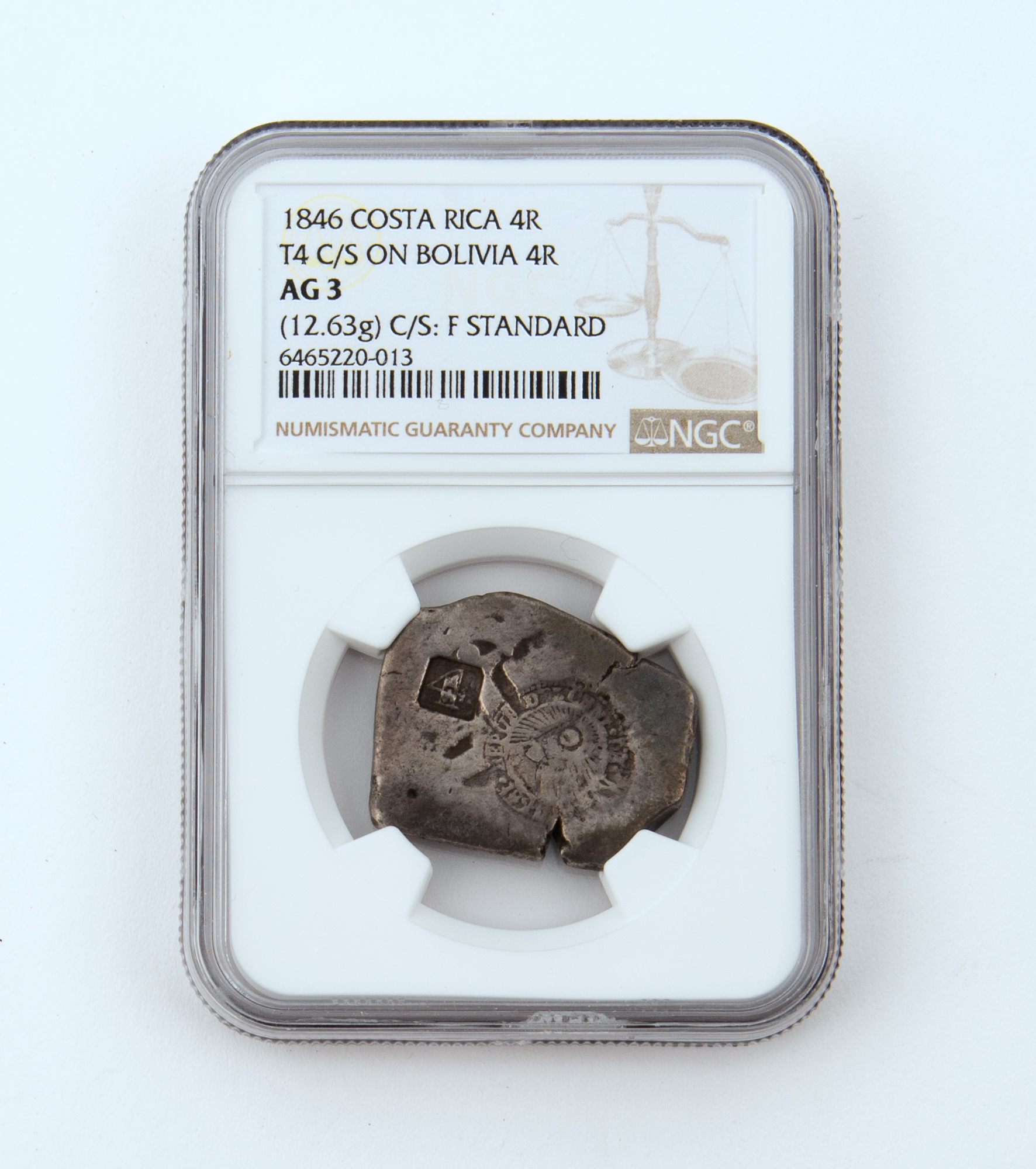 Lot image - Costa Rica Type IV C/S 4 Reales on Bolivia 4R NGC AG3