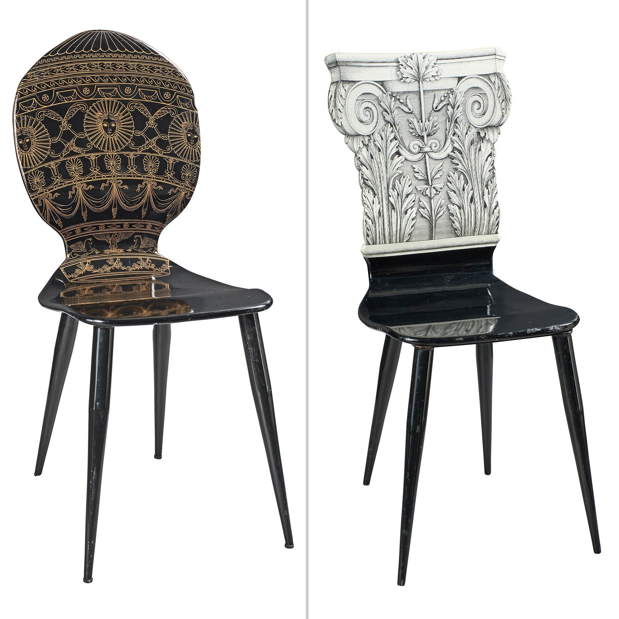 Lot image - Two Piero Fornasetti Lithographed Wood and Painted Metal Side Chairs