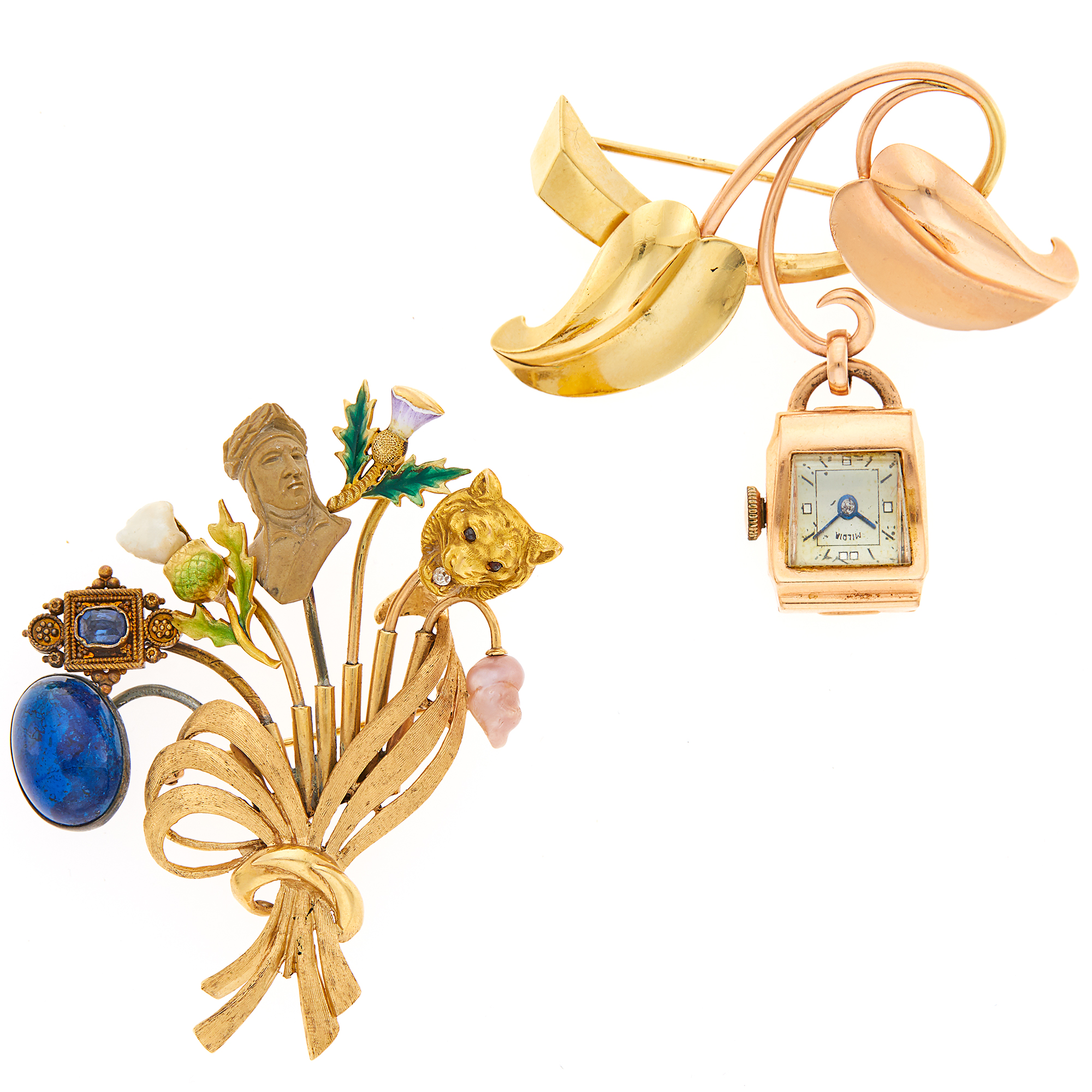Lot image - Two-Color Gold Lapel-Watch and Gold, Silver, Enamel, Baroque Pearl and Hardstone Stick Pin Brooch