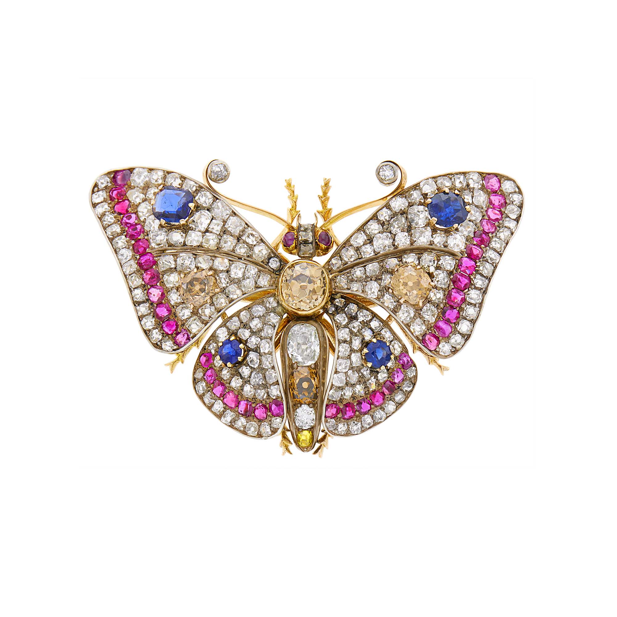 Lot image - Antique Silver, Gold, Colored Diamond, Diamond, Sapphire and Ruby En Tremblant Butterfly Brooch
